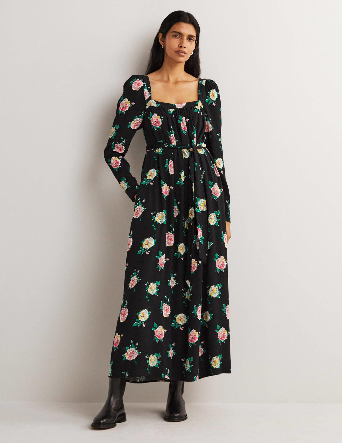 Square Neck Maxi Dress-Black, Painterly Rose - Image 1