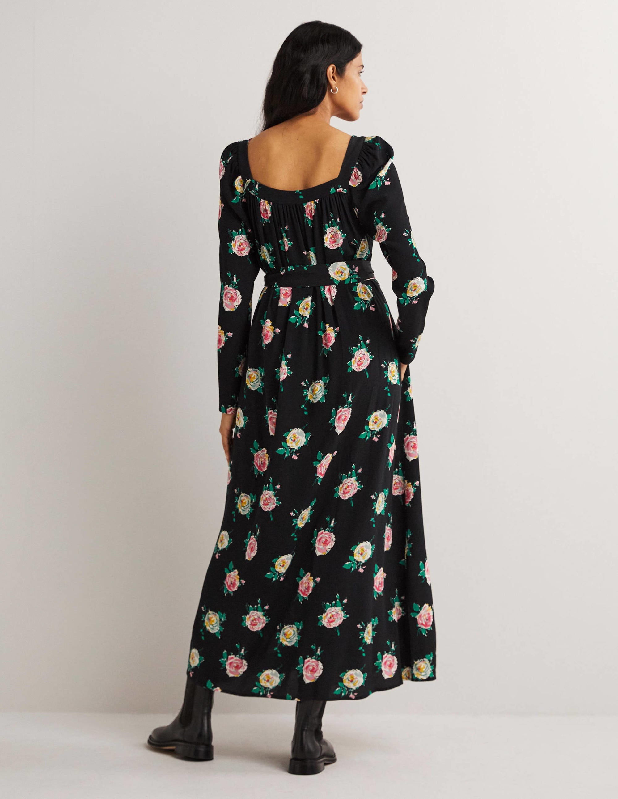 Square Neck Maxi Dress-Black, Painterly Rose - Image 3
