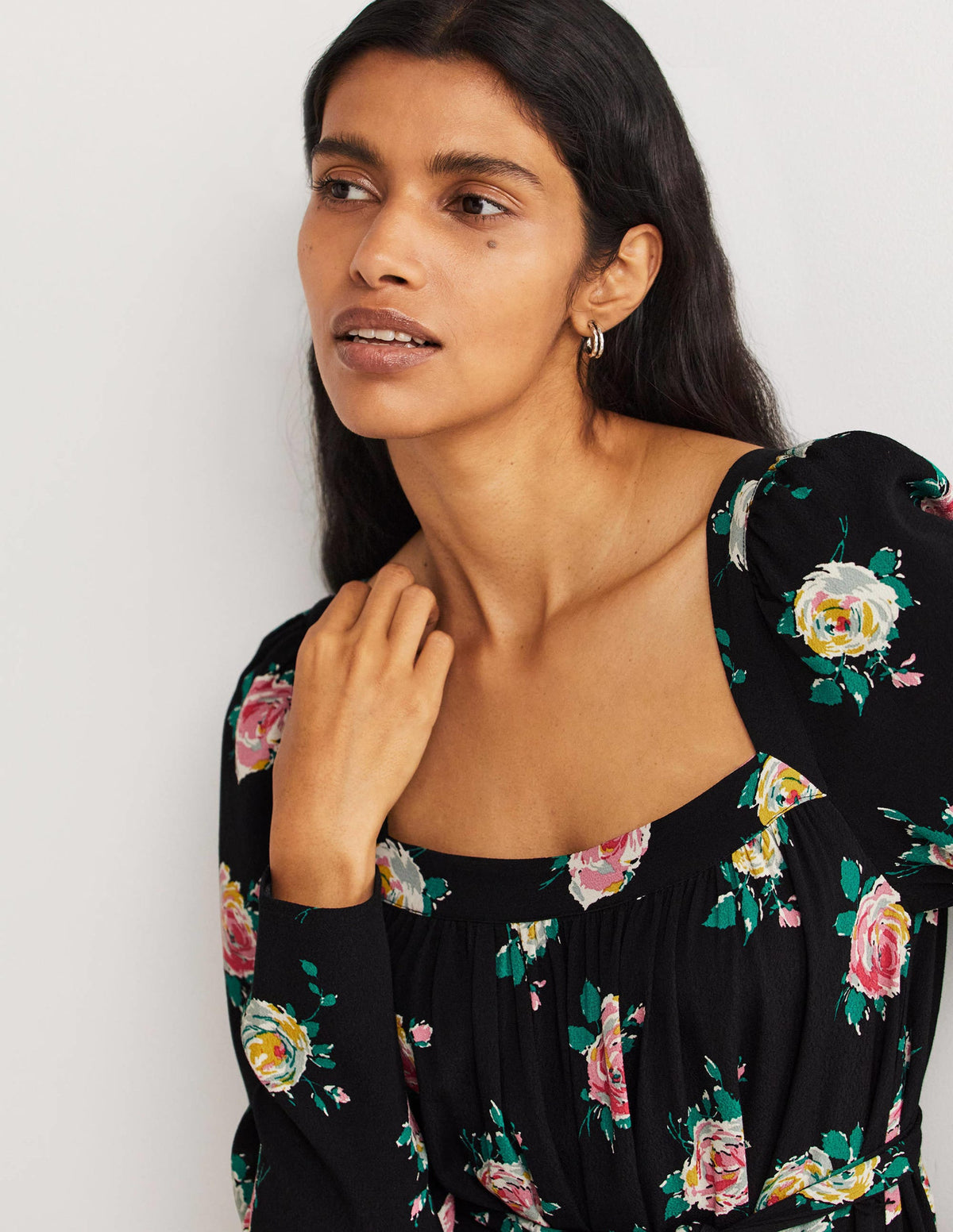 Square Neck Maxi Dress-Black, Painterly Rose-5