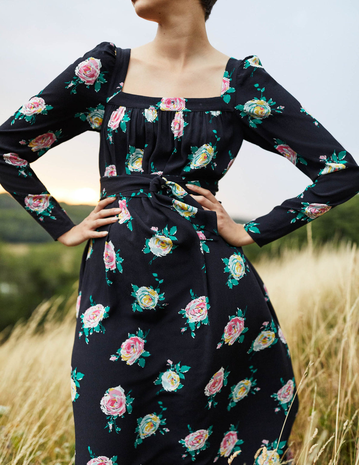 Square Neck Maxi Dress-Black, Painterly Rose - Image 6