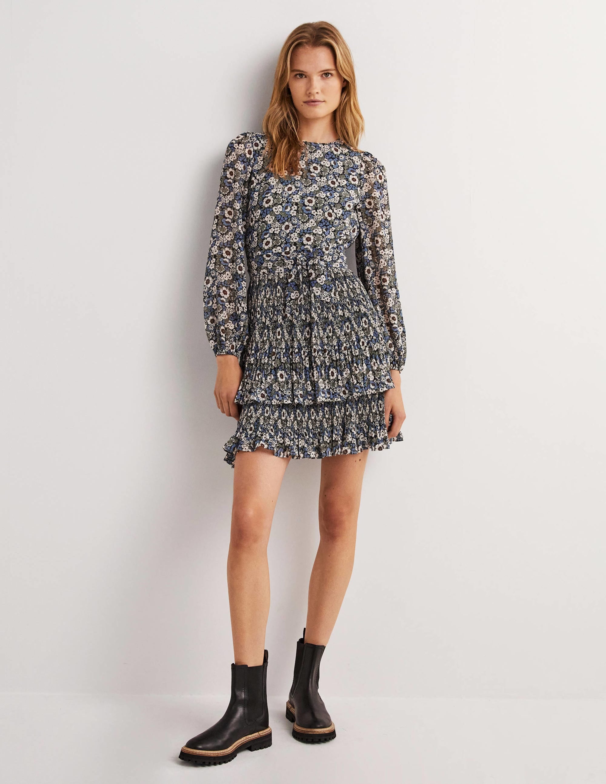 The Plisse Mini Dress-Black, Floral Lawn - Image 1