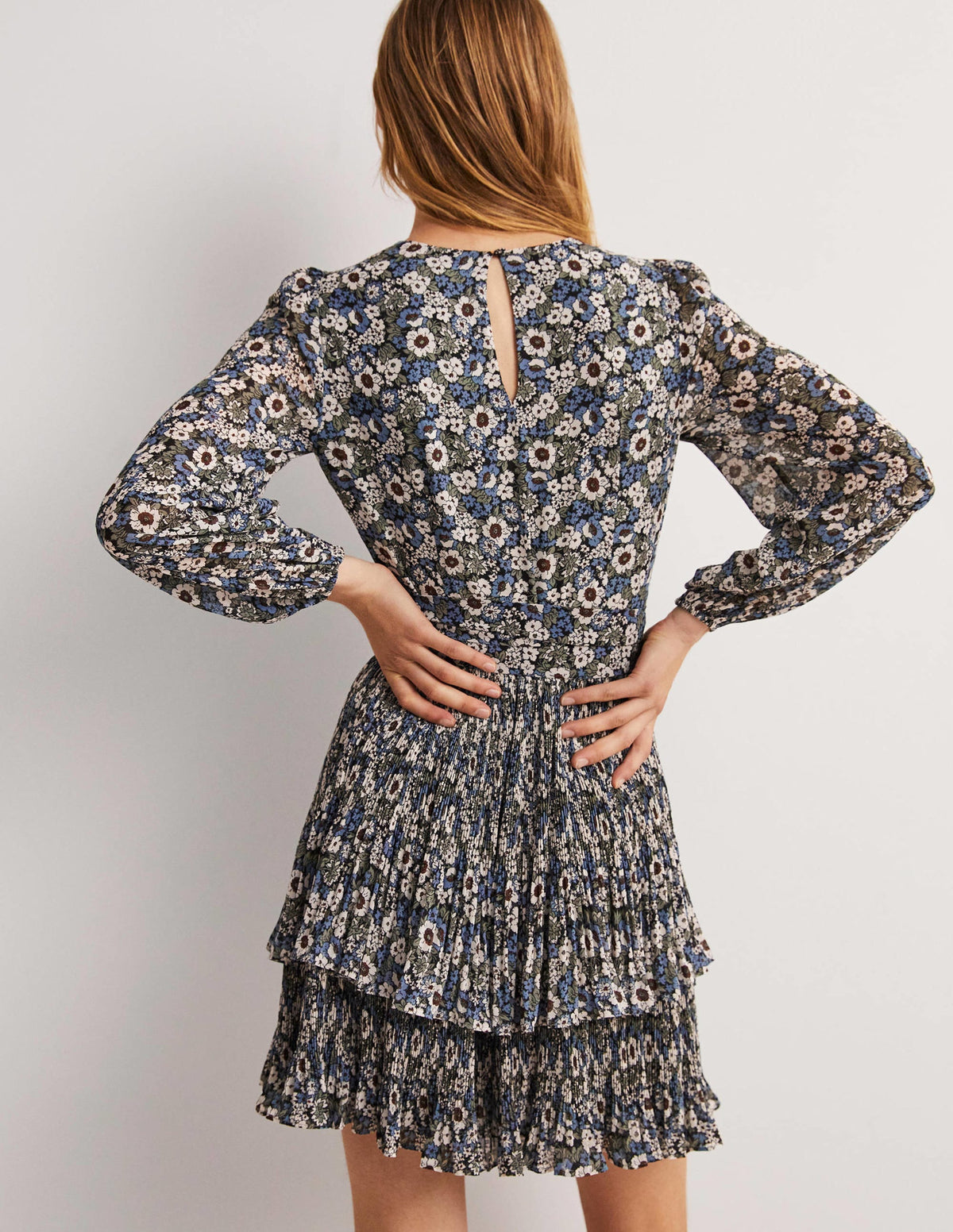 The Plisse Mini Dress-Black, Floral Lawn - Image 3