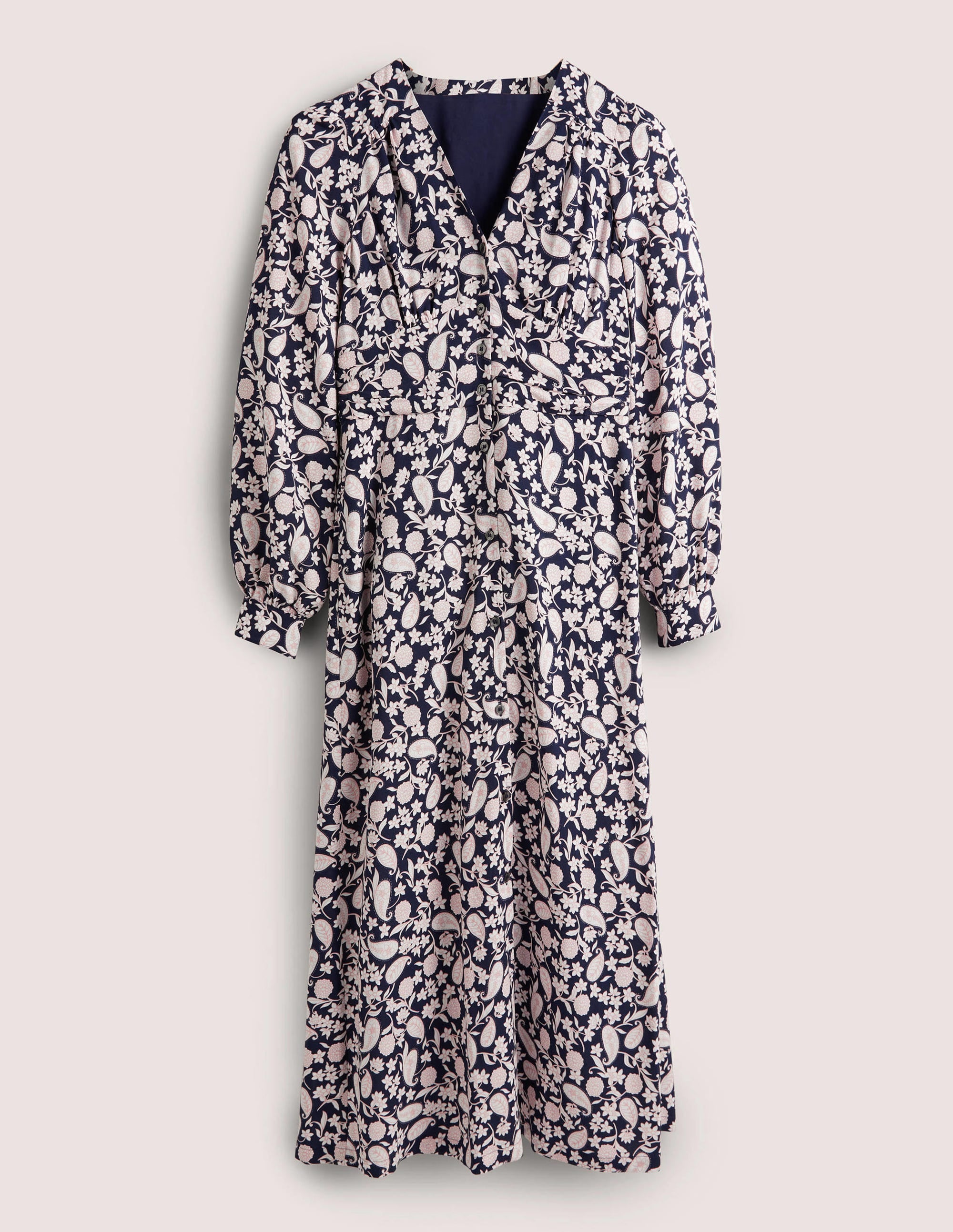 Button Through Midi Tea Dress-Navy, Flower Garden - Image 5