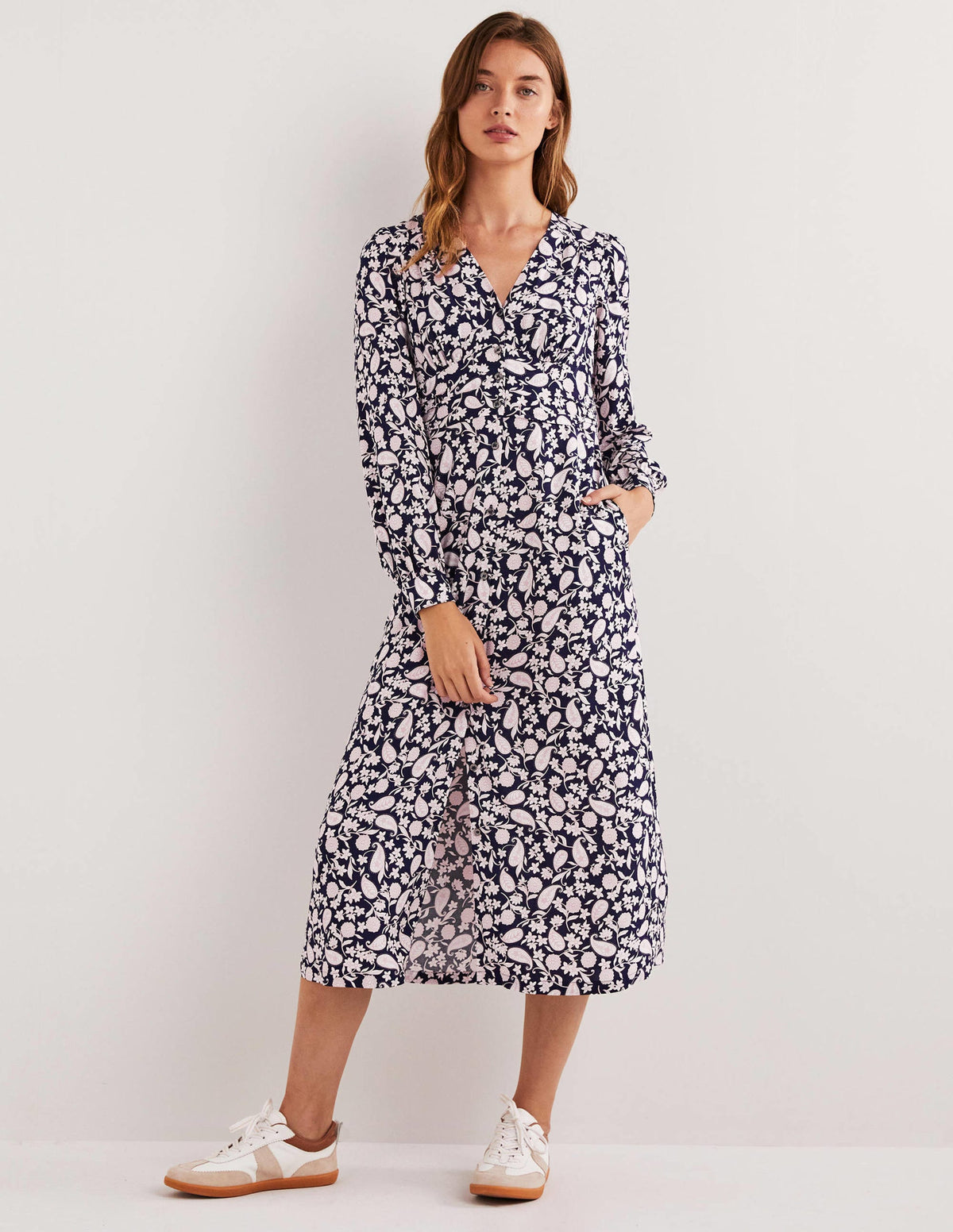 Button Through Midi Tea Dress-Navy, Flower Garden - Image 1