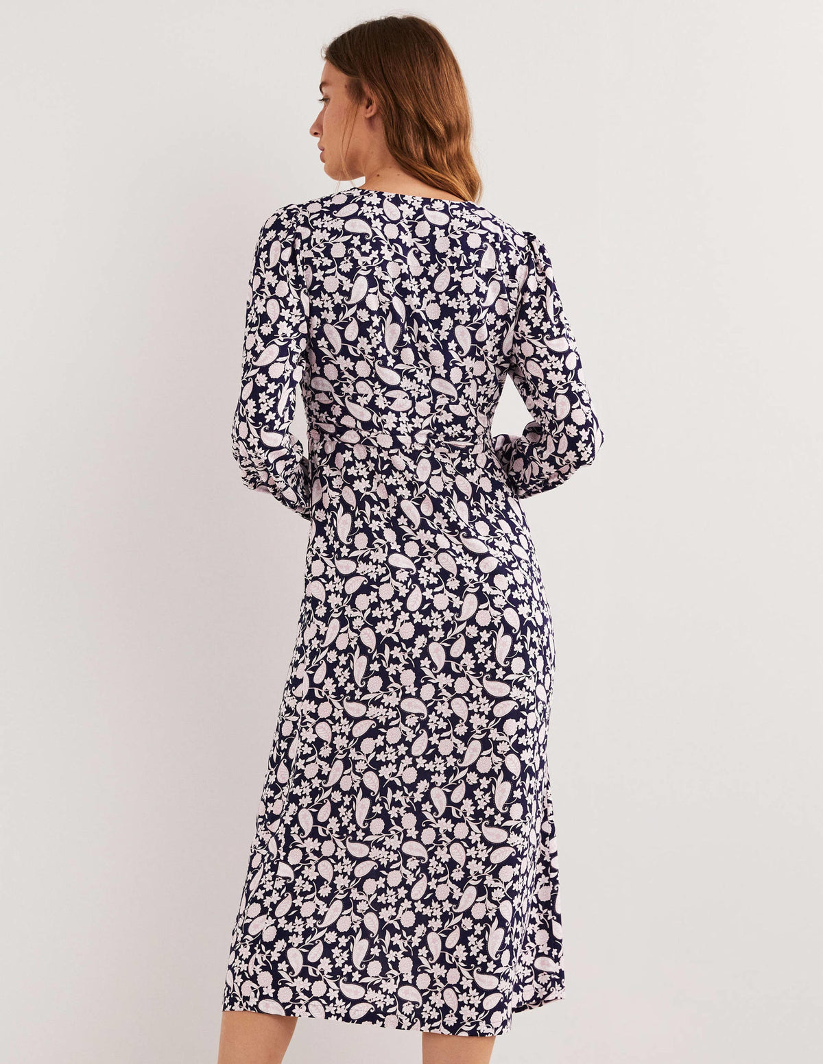 Button Through Midi Tea Dress-Navy, Flower Garden - Image 3