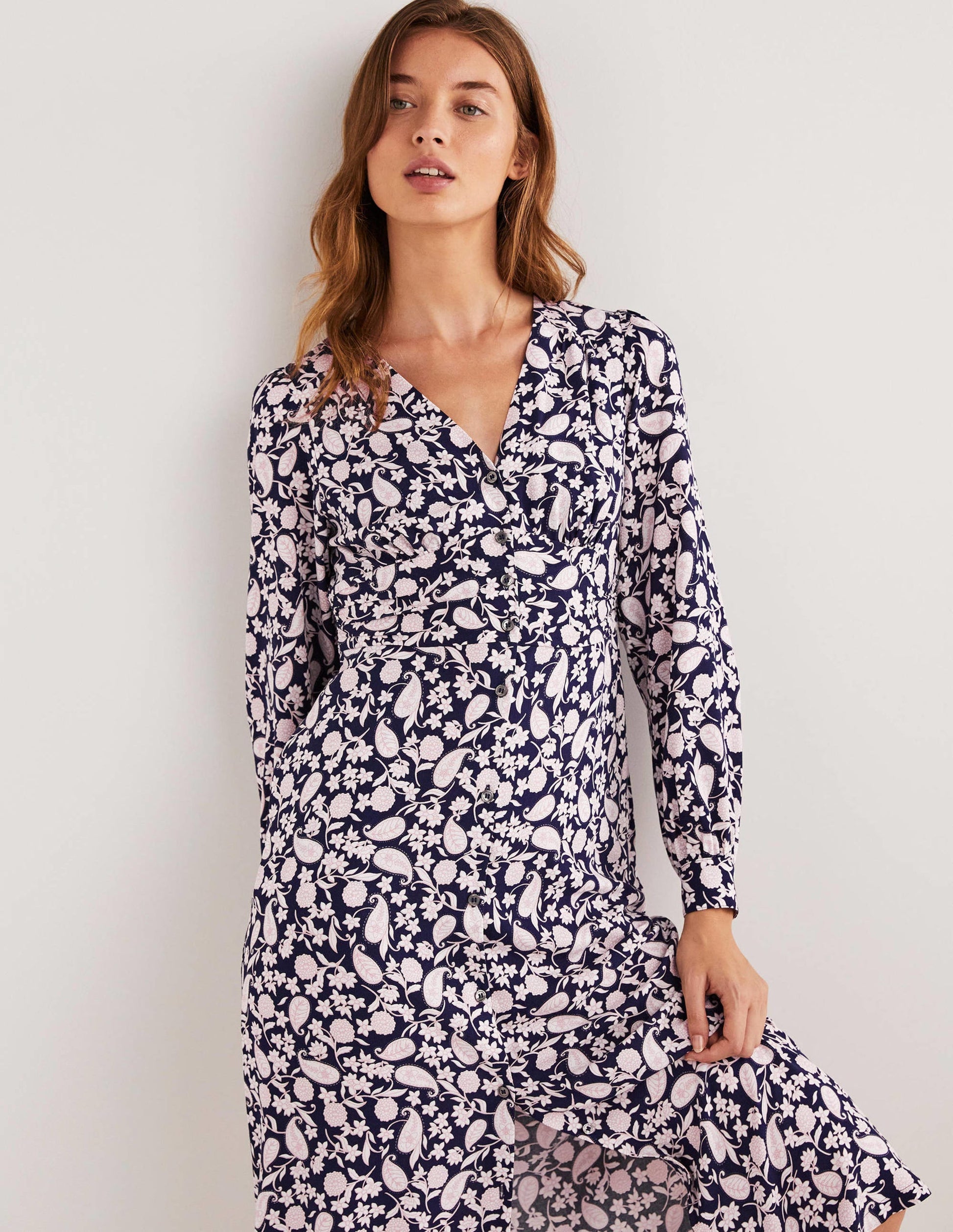Button Through Midi Tea Dress-Navy, Flower Garden-4