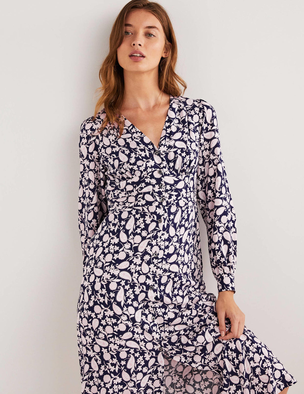 Button Through Midi Tea Dress-Navy, Flower Garden - Image 4