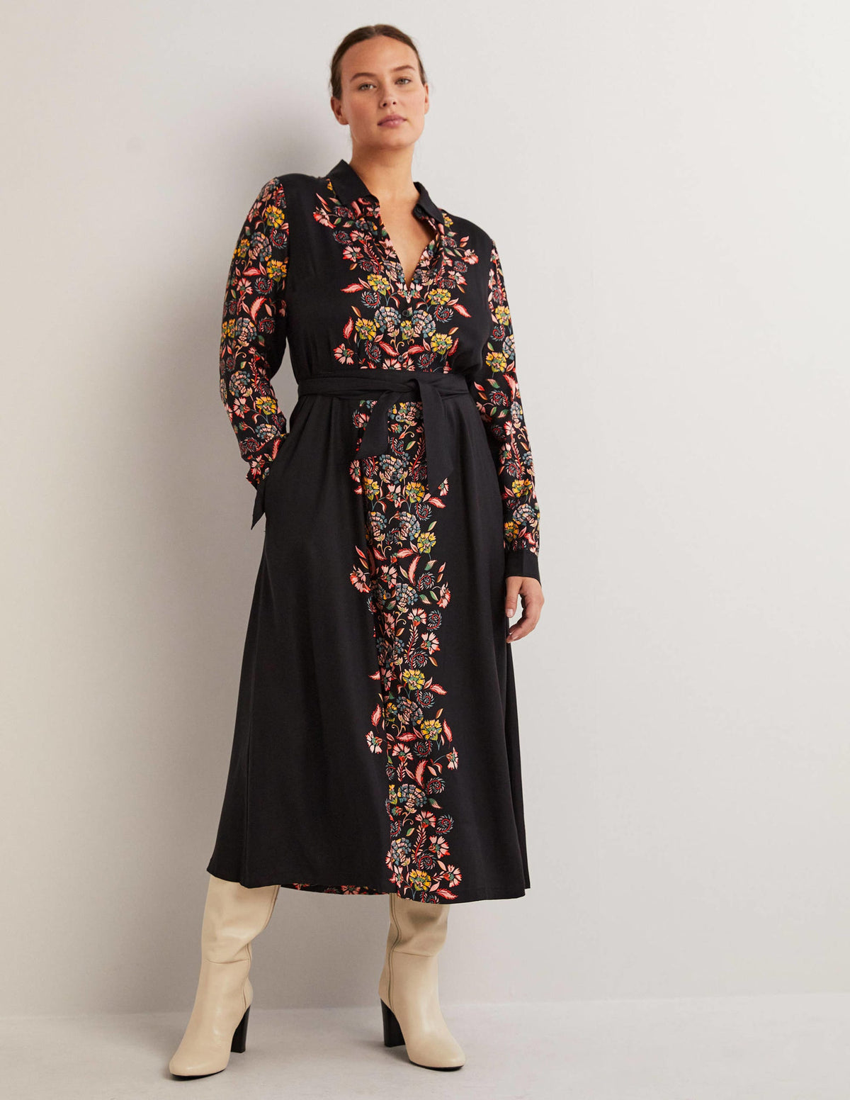 Long Sleeve Midi Shirt Dress-Black, Blossom Pomme-1