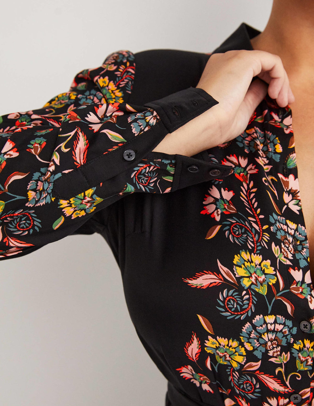 Long Sleeve Midi Shirt Dress-Black, Blossom Pomme - Image 2