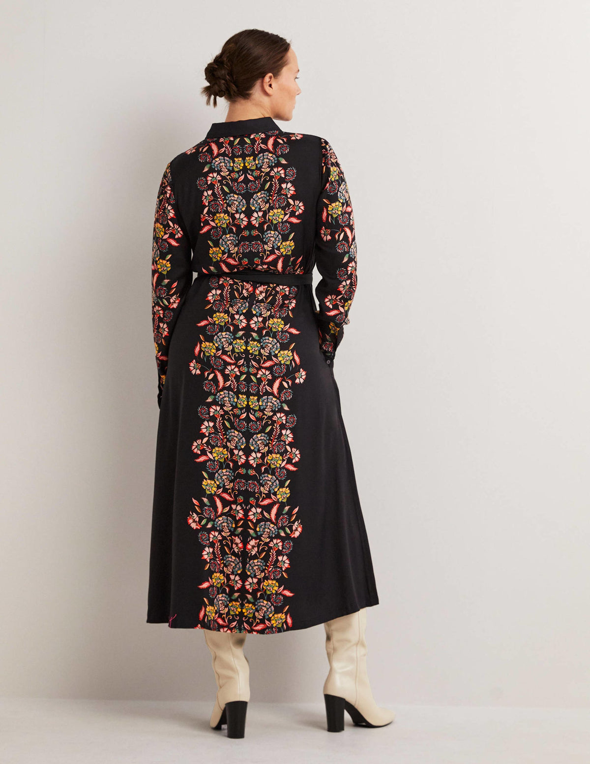 Long Sleeve Midi Shirt Dress-Black, Blossom Pomme - Image 3