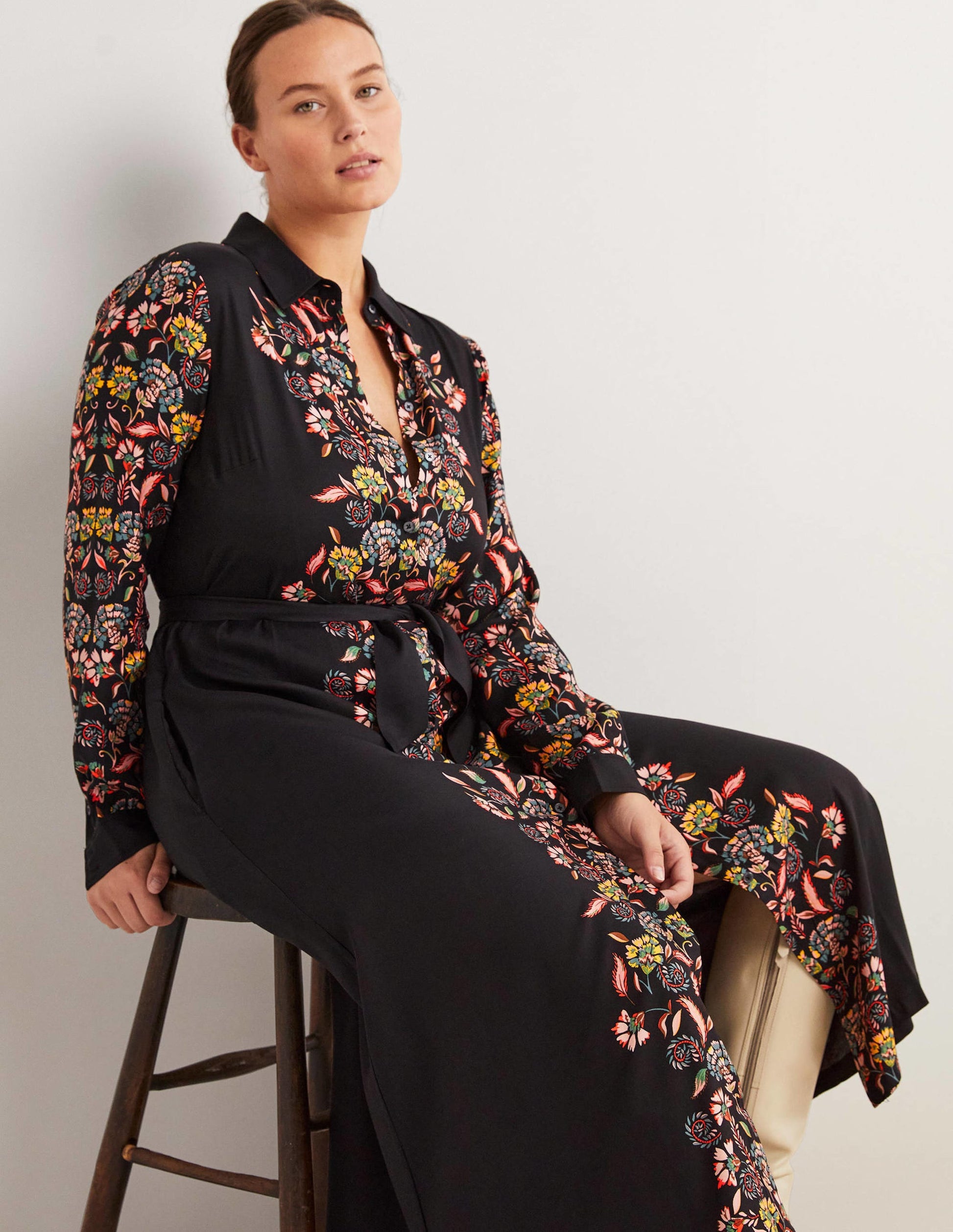 Long Sleeve Midi Shirt Dress-Black, Blossom Pomme-4