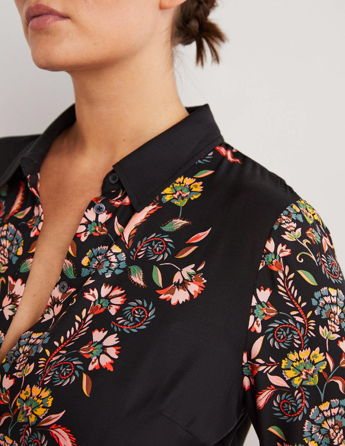 Long Sleeve Midi Shirt Dress-Black, Blossom Pomme-5