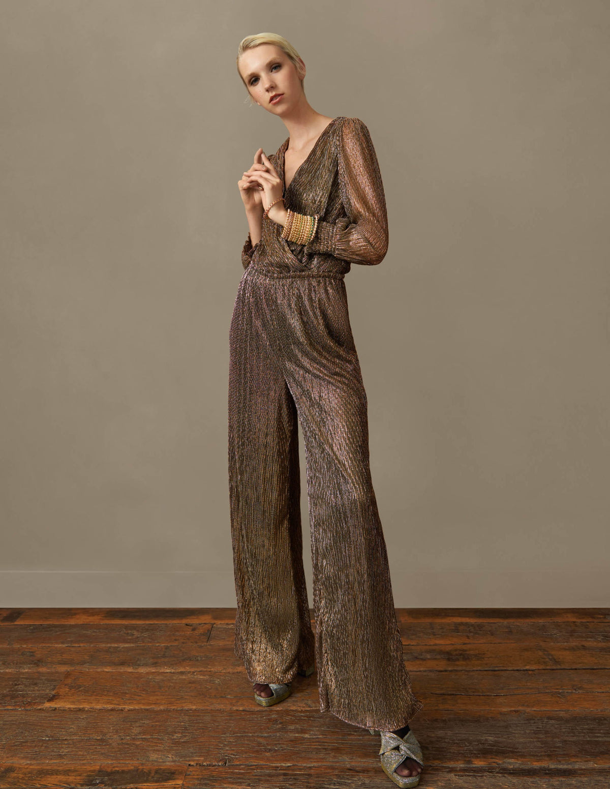 Plisse Palazzo Jumpsuit-Gold, Black Lurex - Image 7