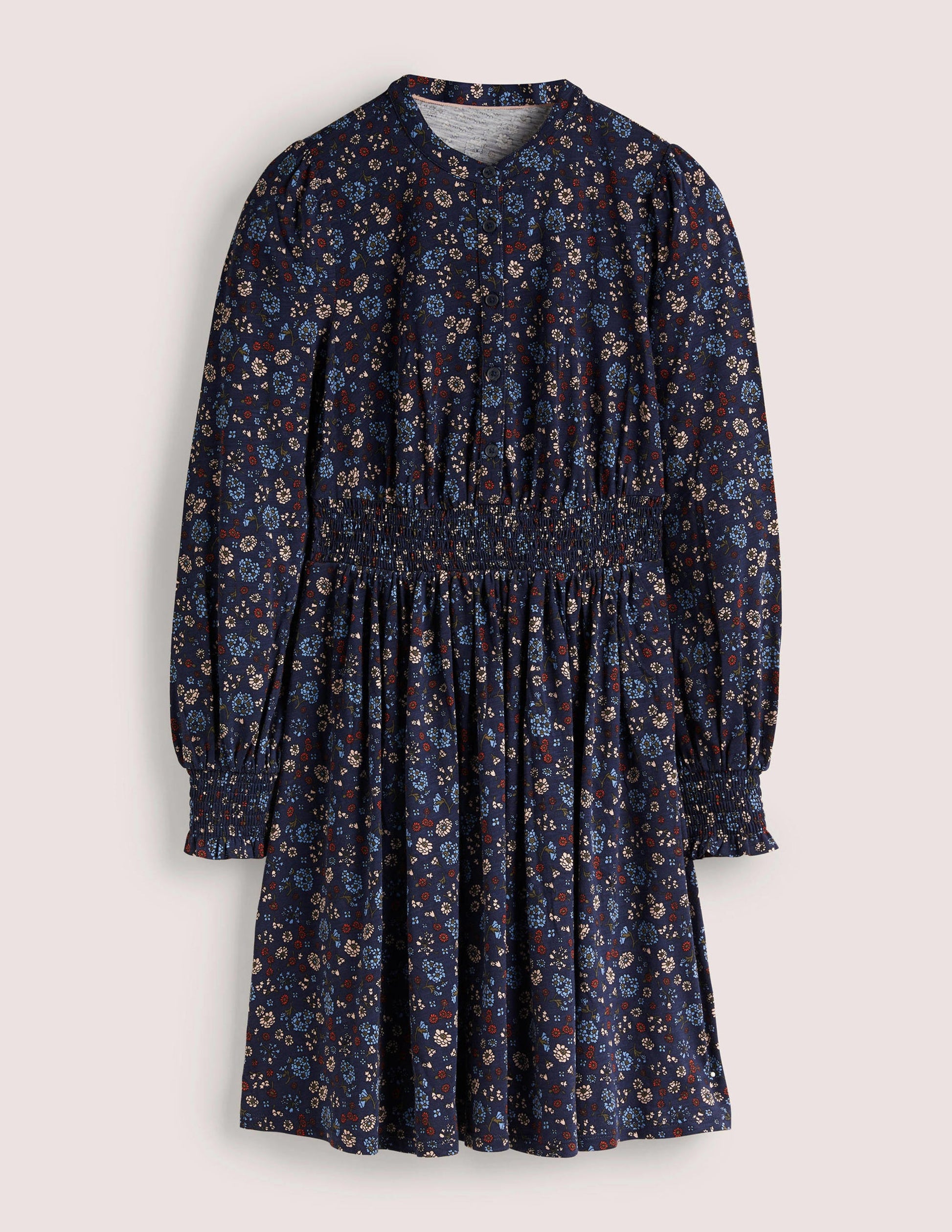 Smocked Jersey Shirt Dress-Navy, Ditsy Charm-6