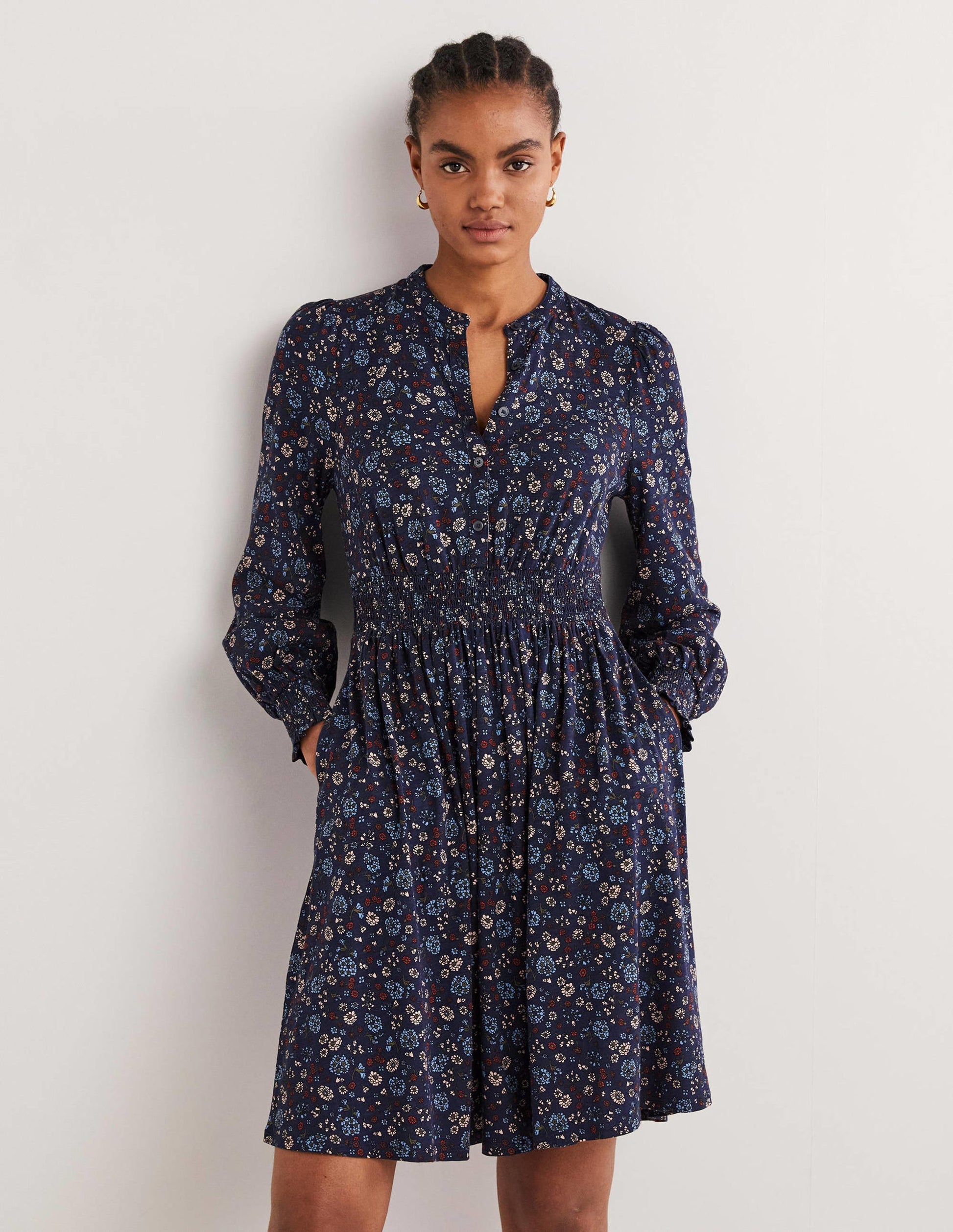 Smocked Jersey Shirt Dress-Navy, Ditsy Charm-1