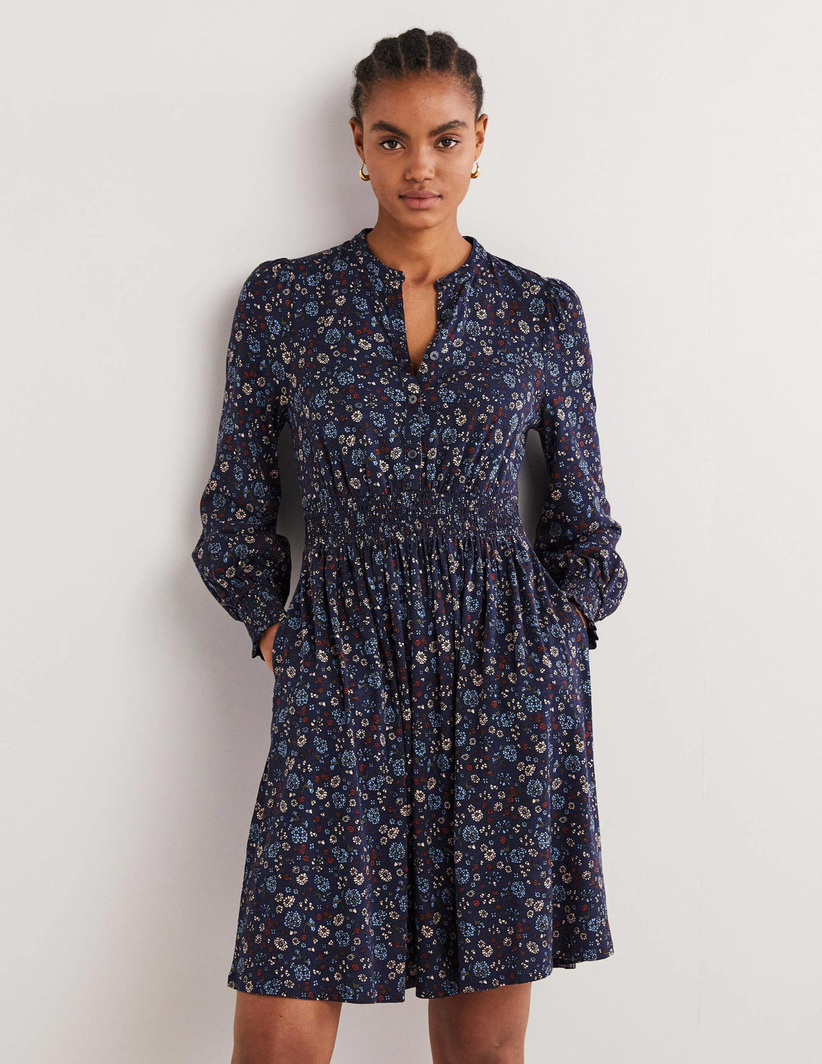 Smocked Jersey Shirt Dress-Navy, Ditsy Charm - Image 1