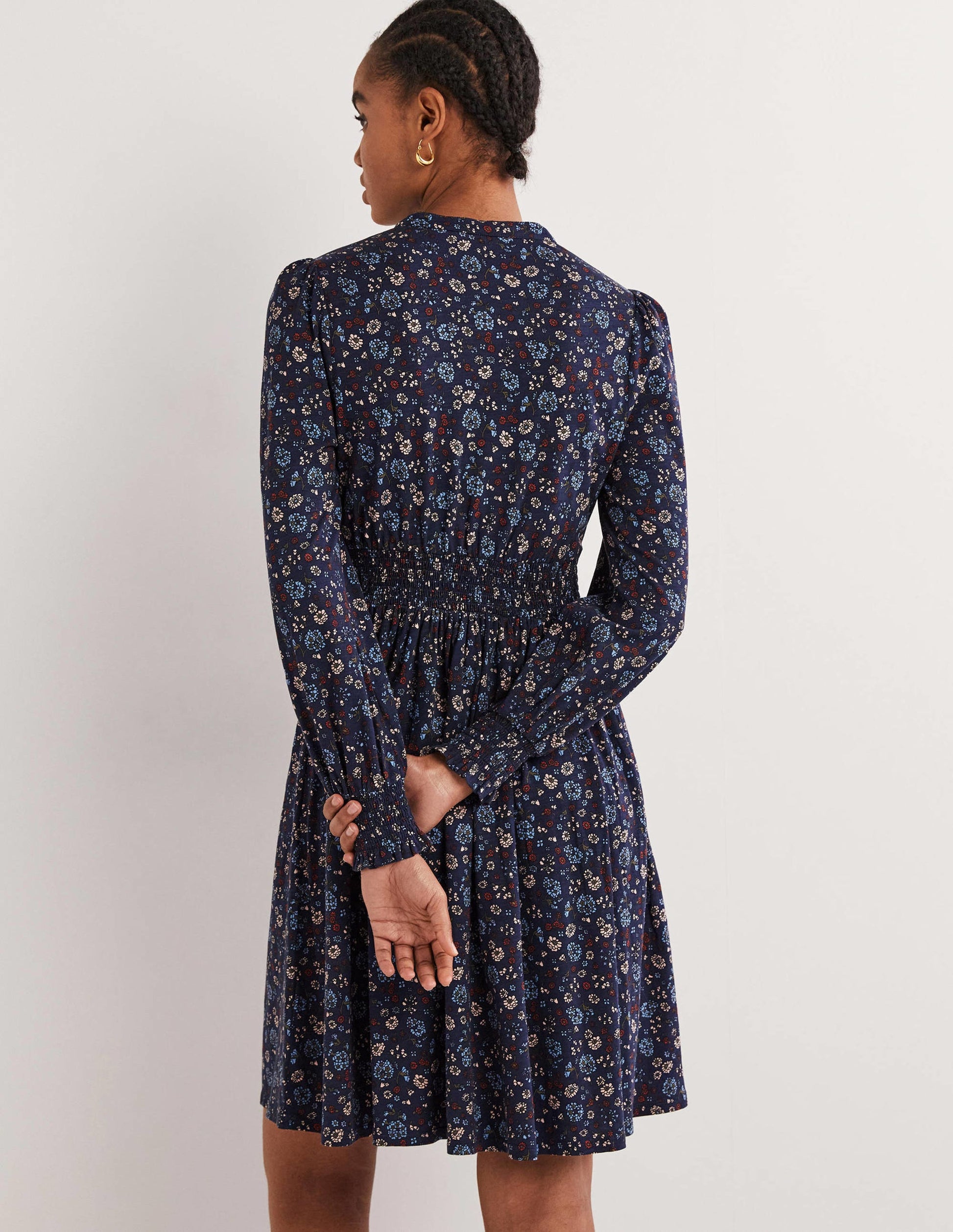 Smocked Jersey Shirt Dress-Navy, Ditsy Charm-3