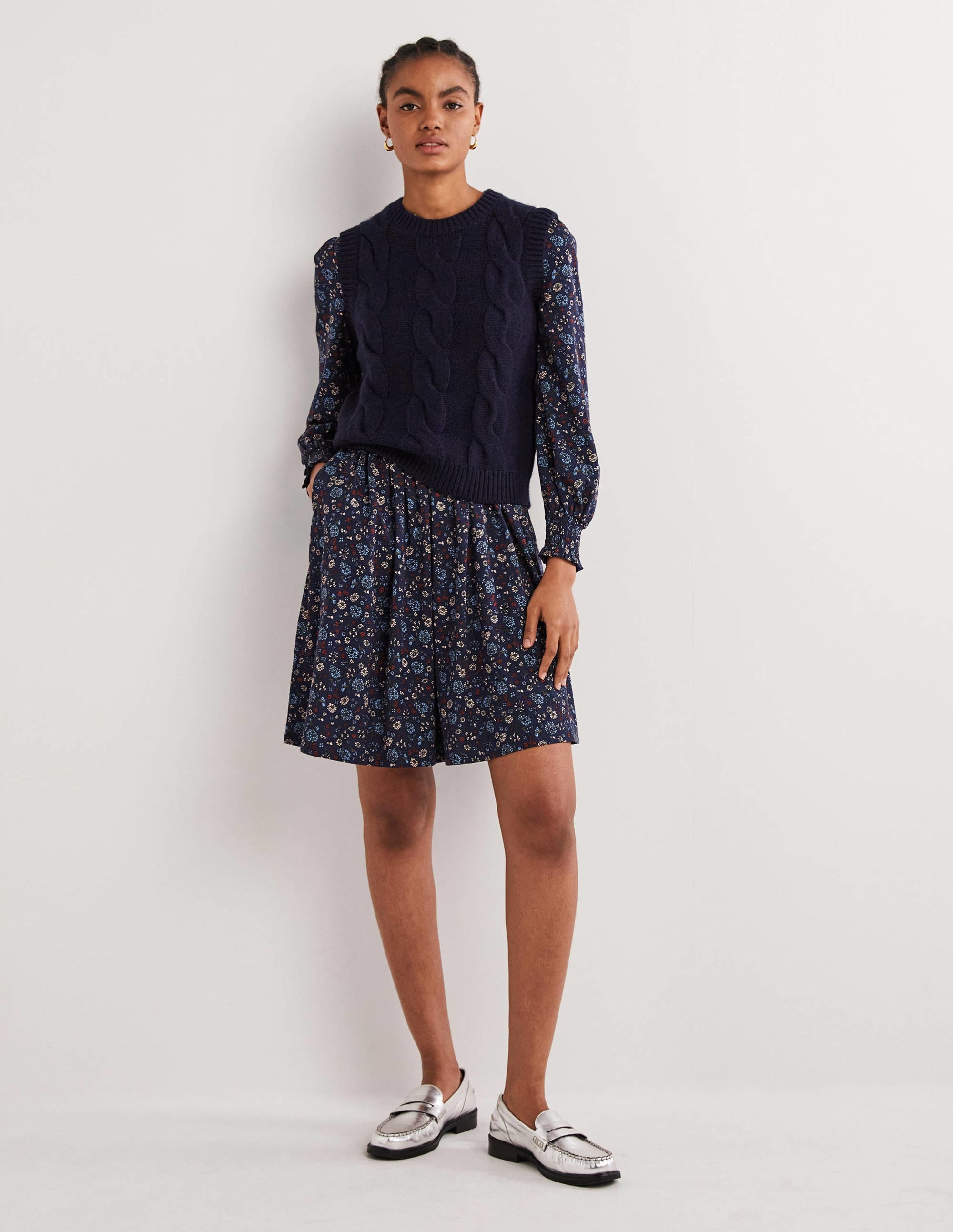 Smocked Jersey Shirt Dress-Navy, Ditsy Charm - Image 4
