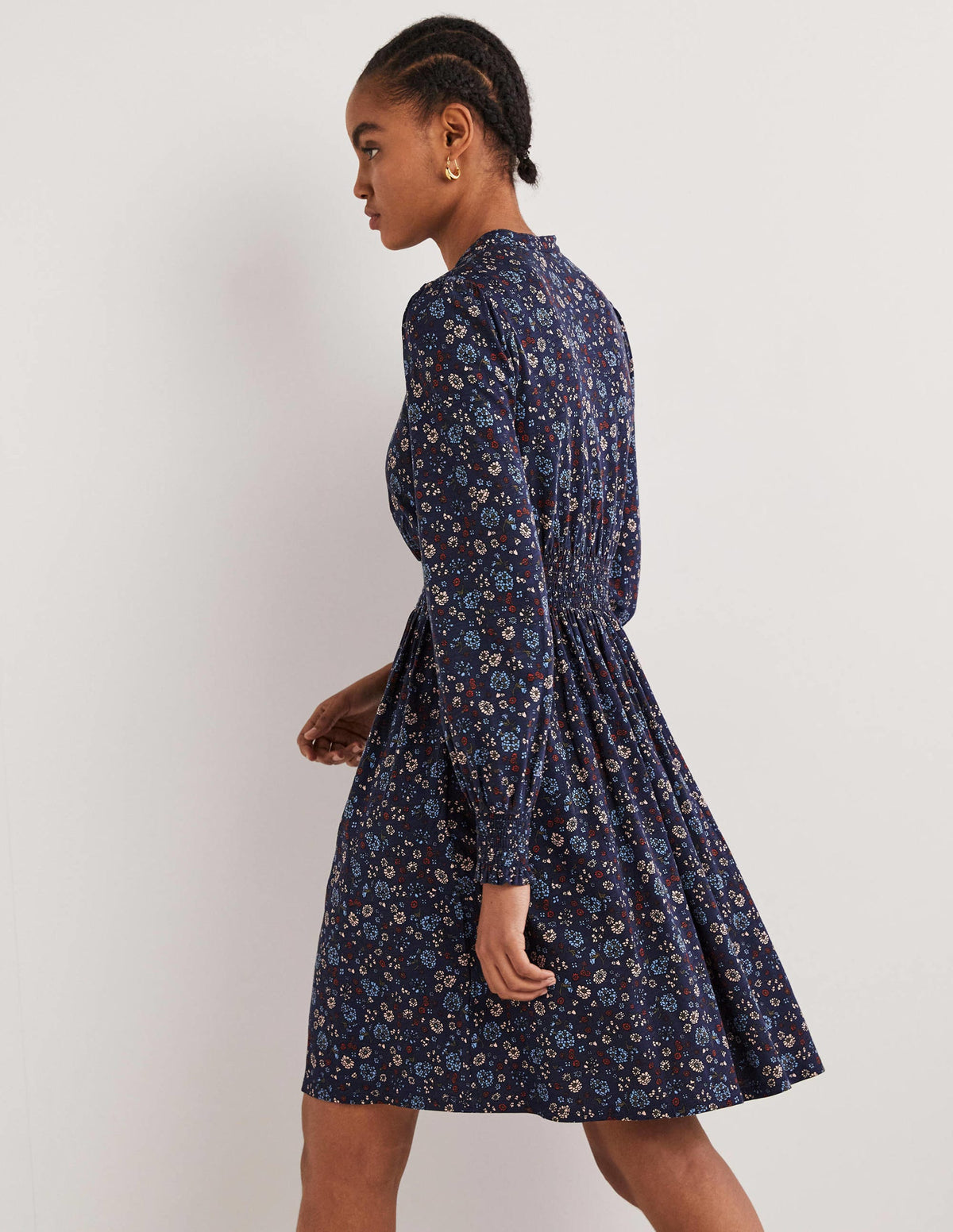 Smocked Jersey Shirt Dress-Navy, Ditsy Charm - Image 5