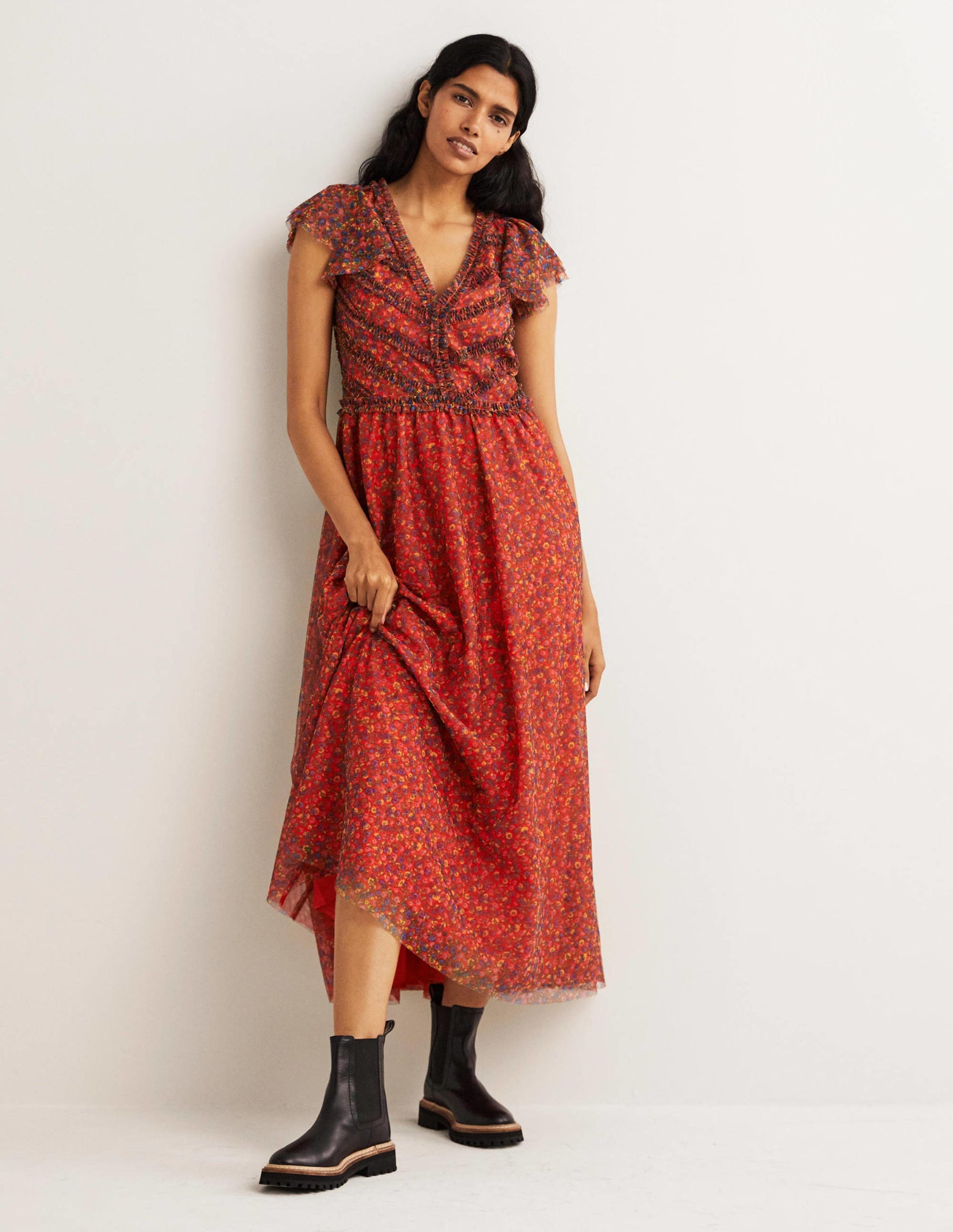 Tulle V-Neck Maxi Party Dress-Rocket Red, Floral Terrace-1