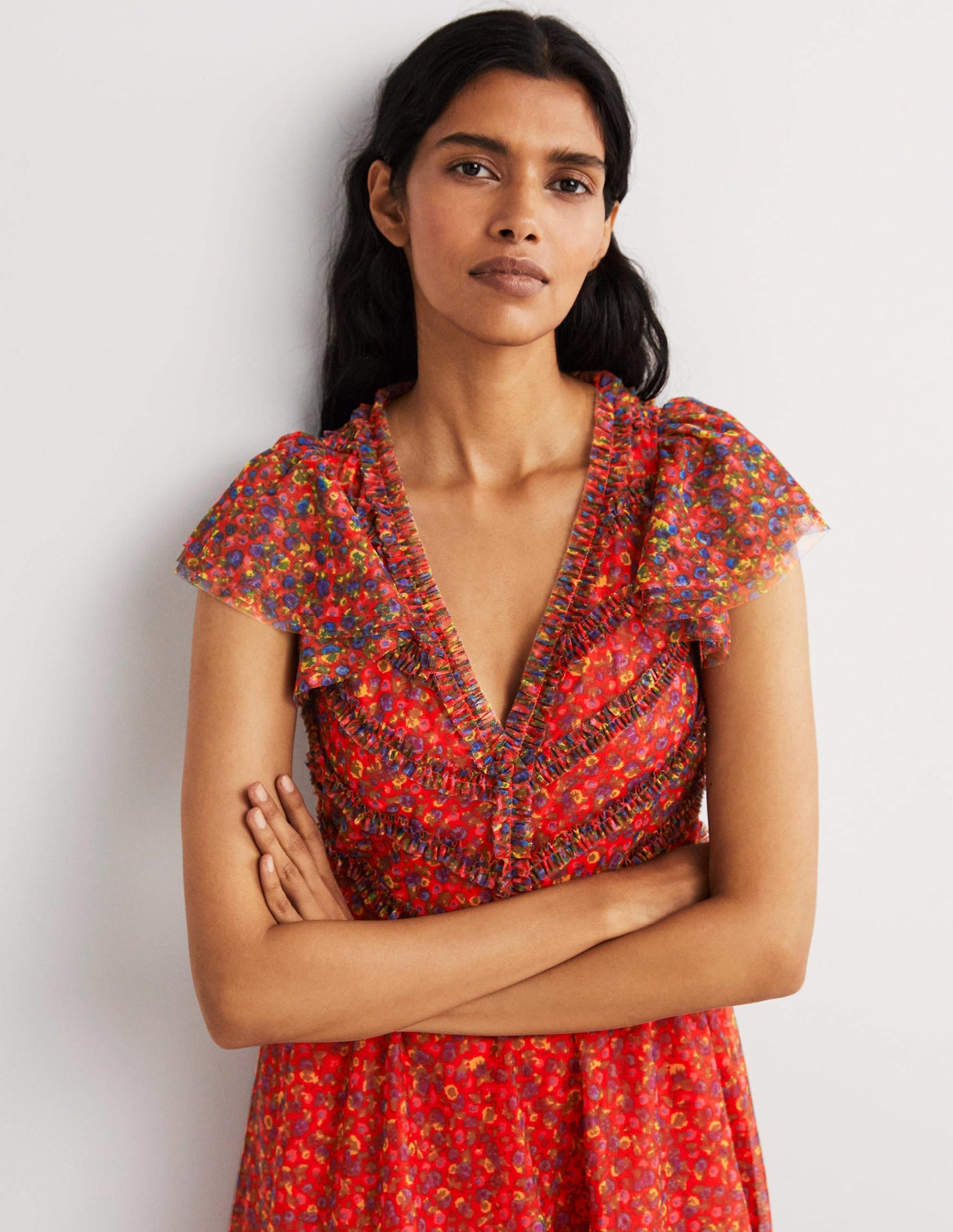 Tulle V-Neck Maxi Party Dress-Rocket Red, Floral Terrace-4