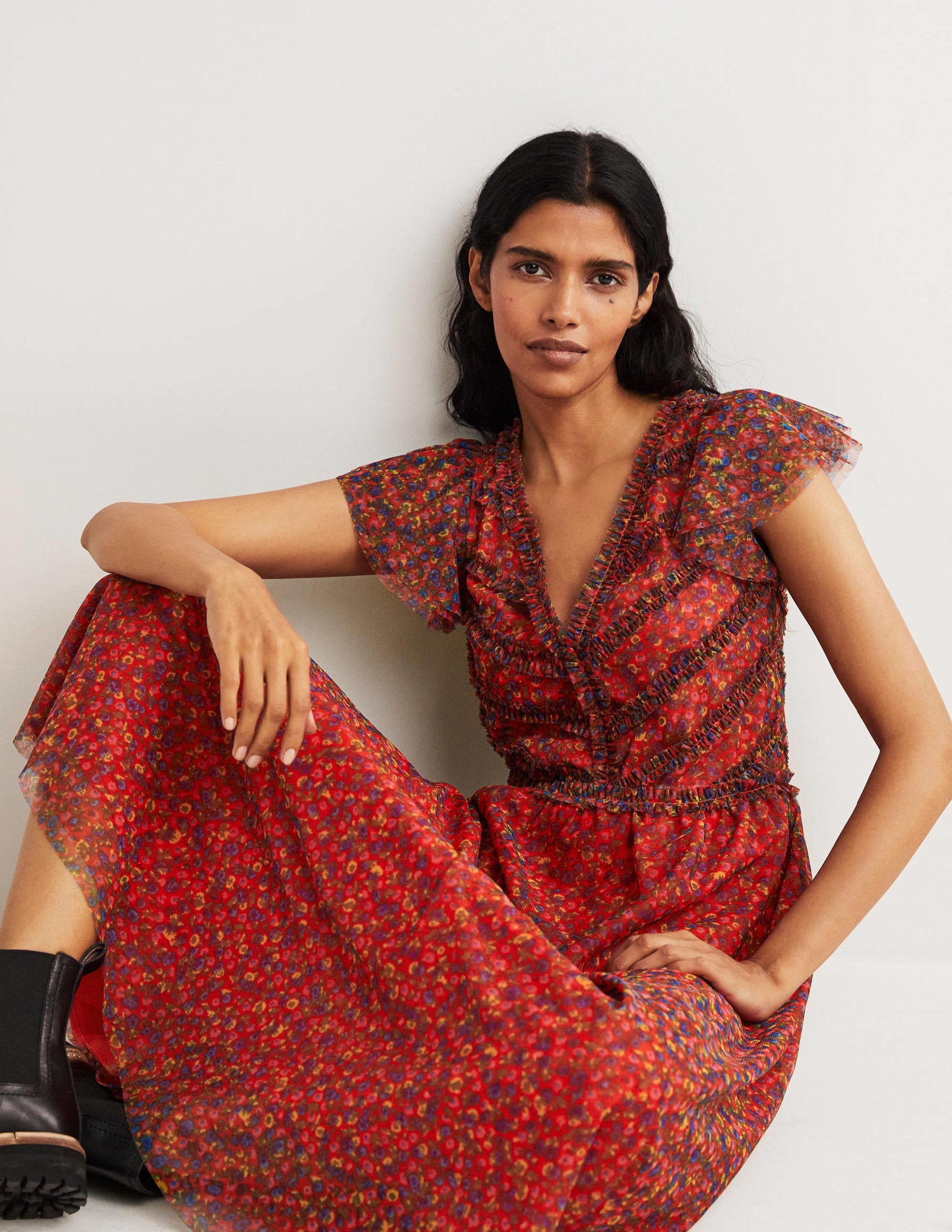 Tulle V-Neck Maxi Party Dress-Rocket Red, Floral Terrace-5