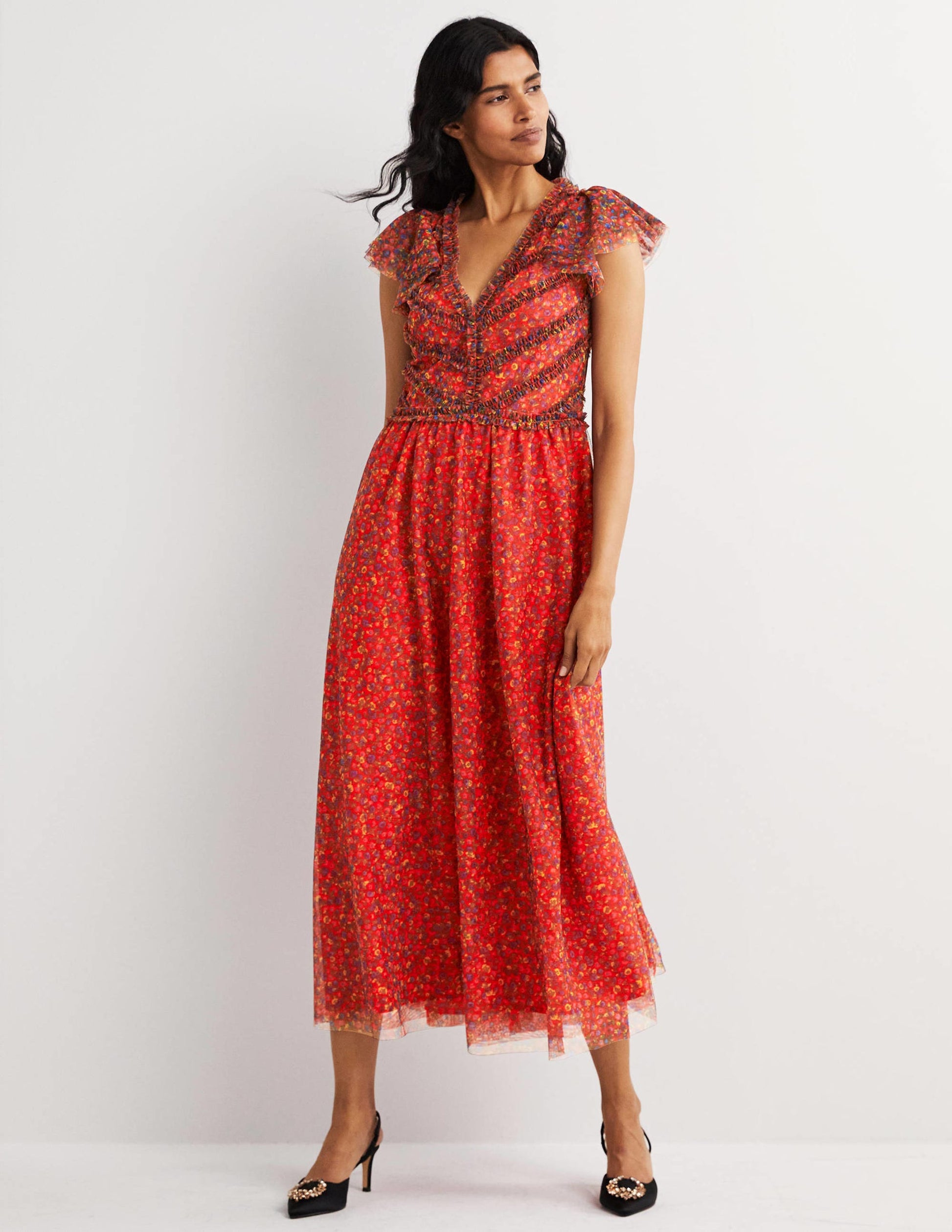 Tulle V-Neck Maxi Party Dress-Rocket Red, Floral Terrace-6