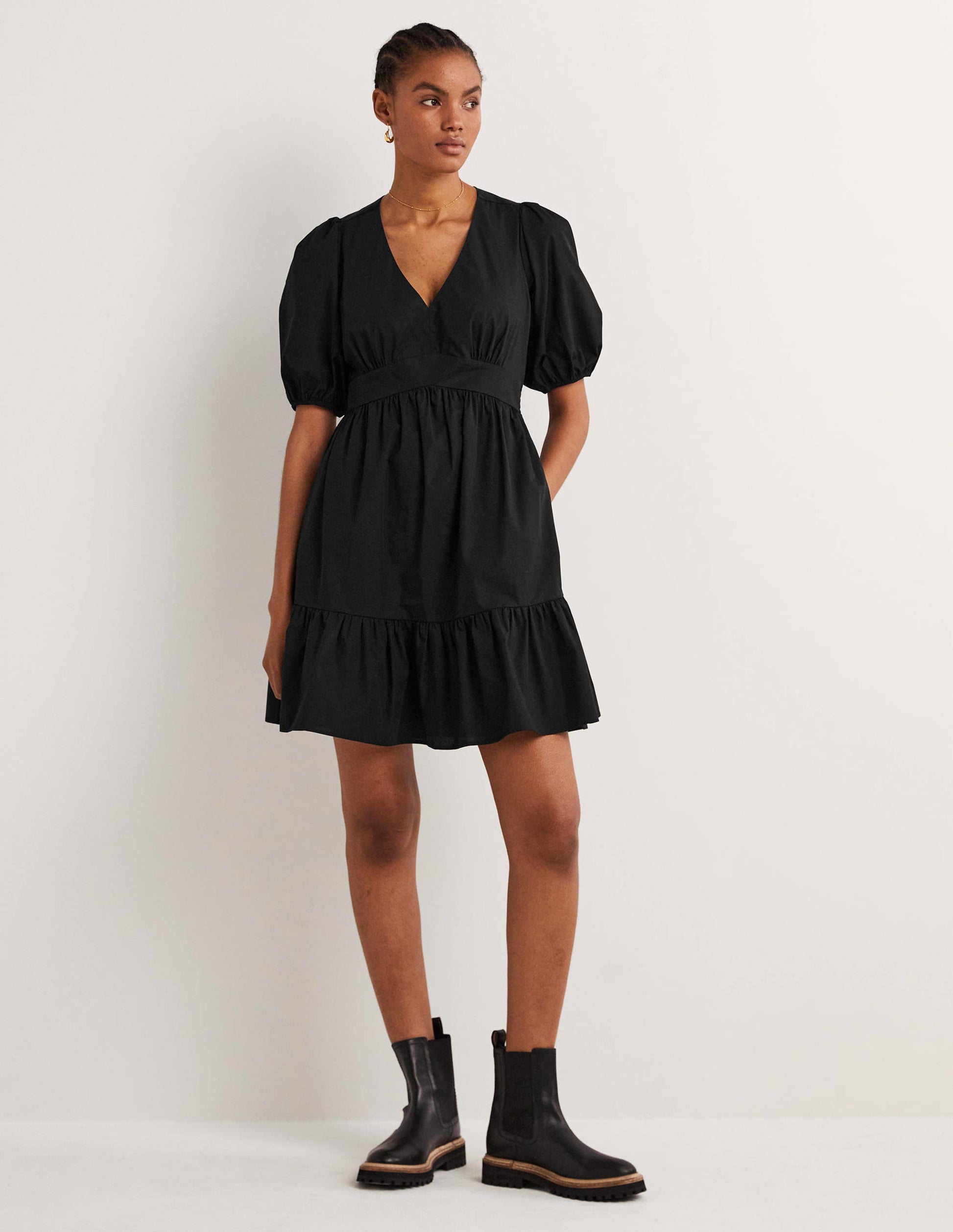 Puff Sleeve Tiered Dress-Black-1