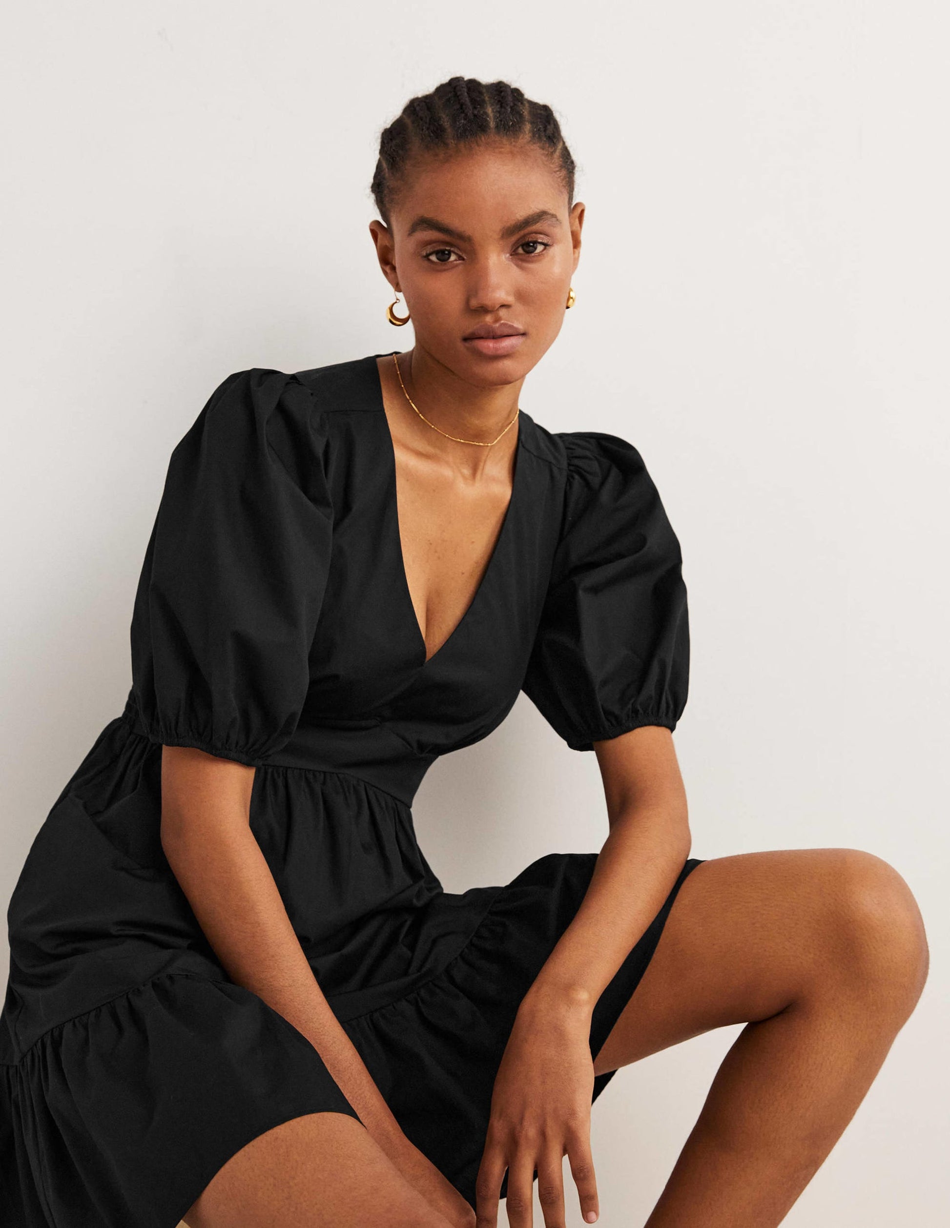 Puff Sleeve Tiered Dress-Black-4