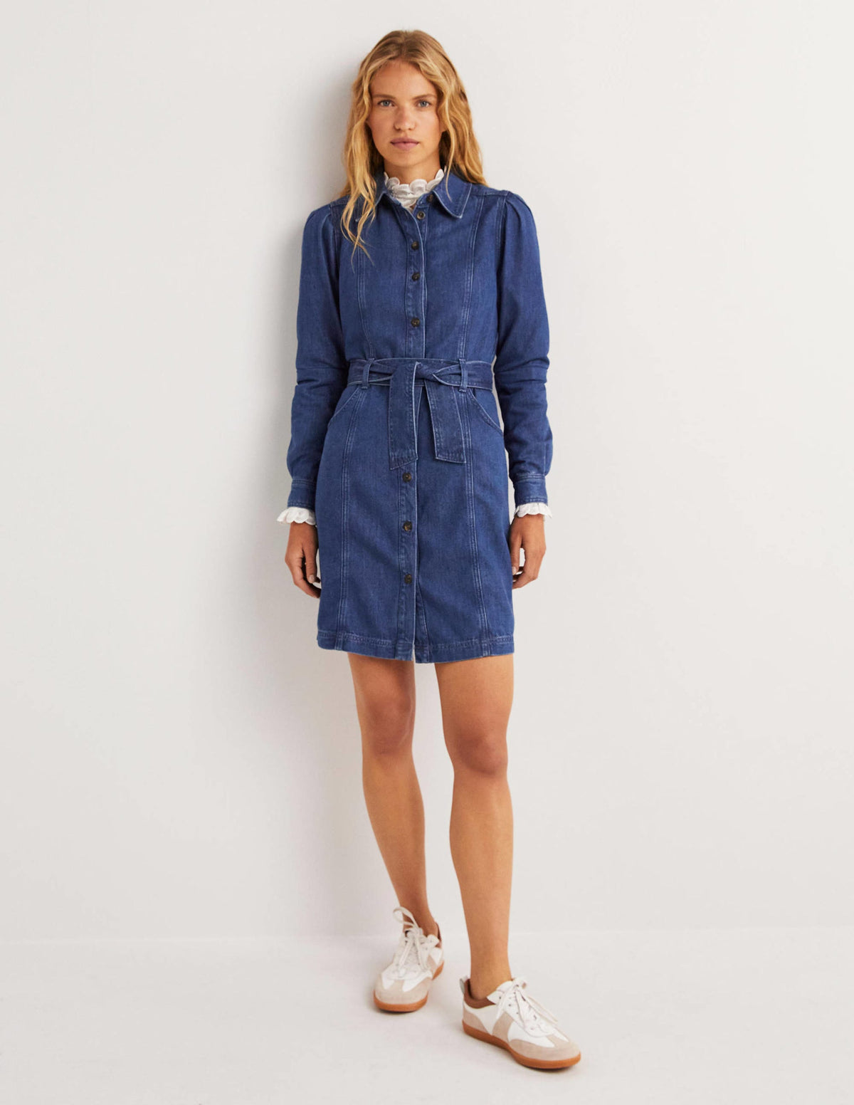 Puff Sleeve Denim Mini Dress-Mid Vintage - Image 1