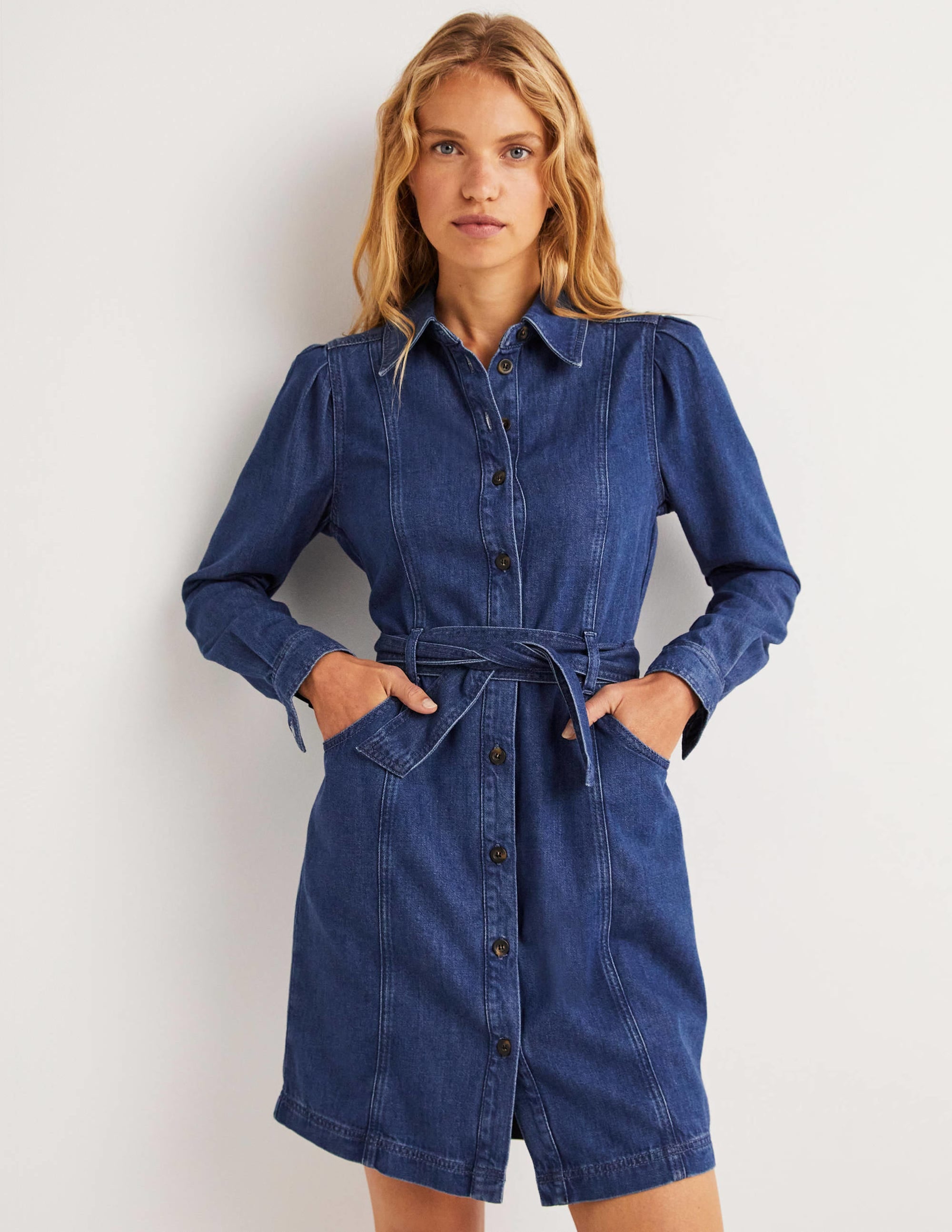 Puff Sleeve Denim Mini Dress-Mid Vintage - Image 2