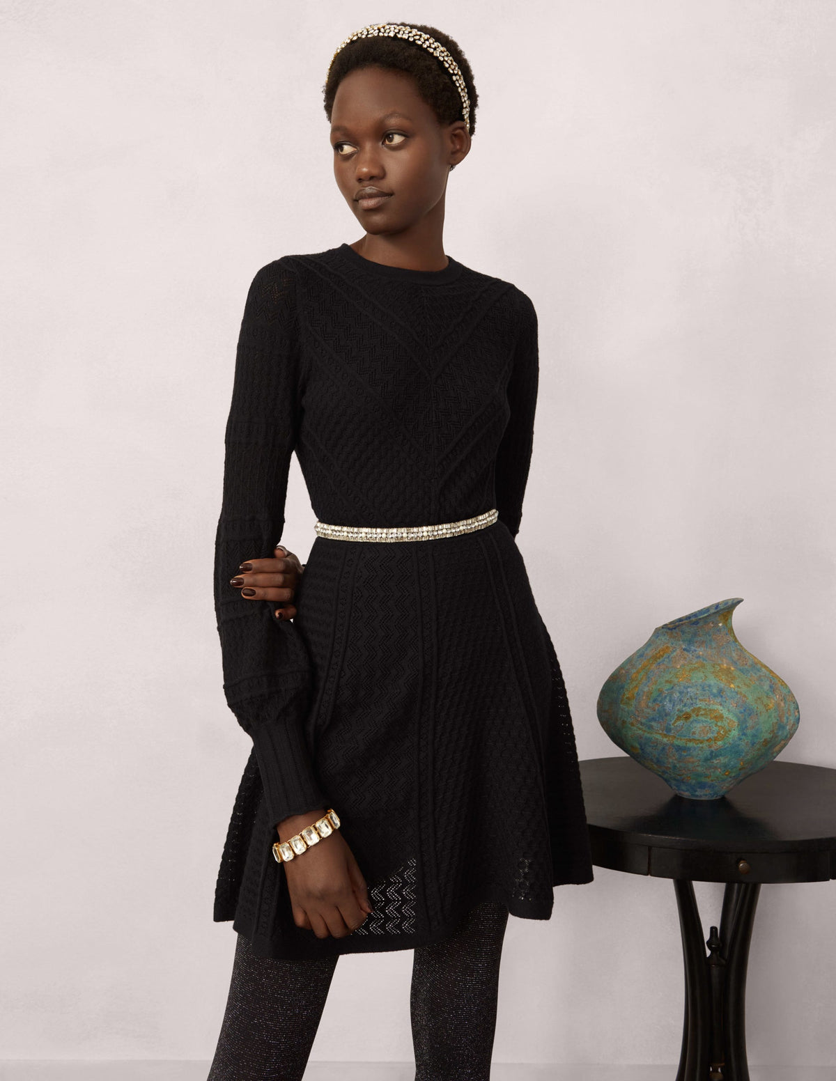 Pointelle Knitted Mini Dress-Black-6