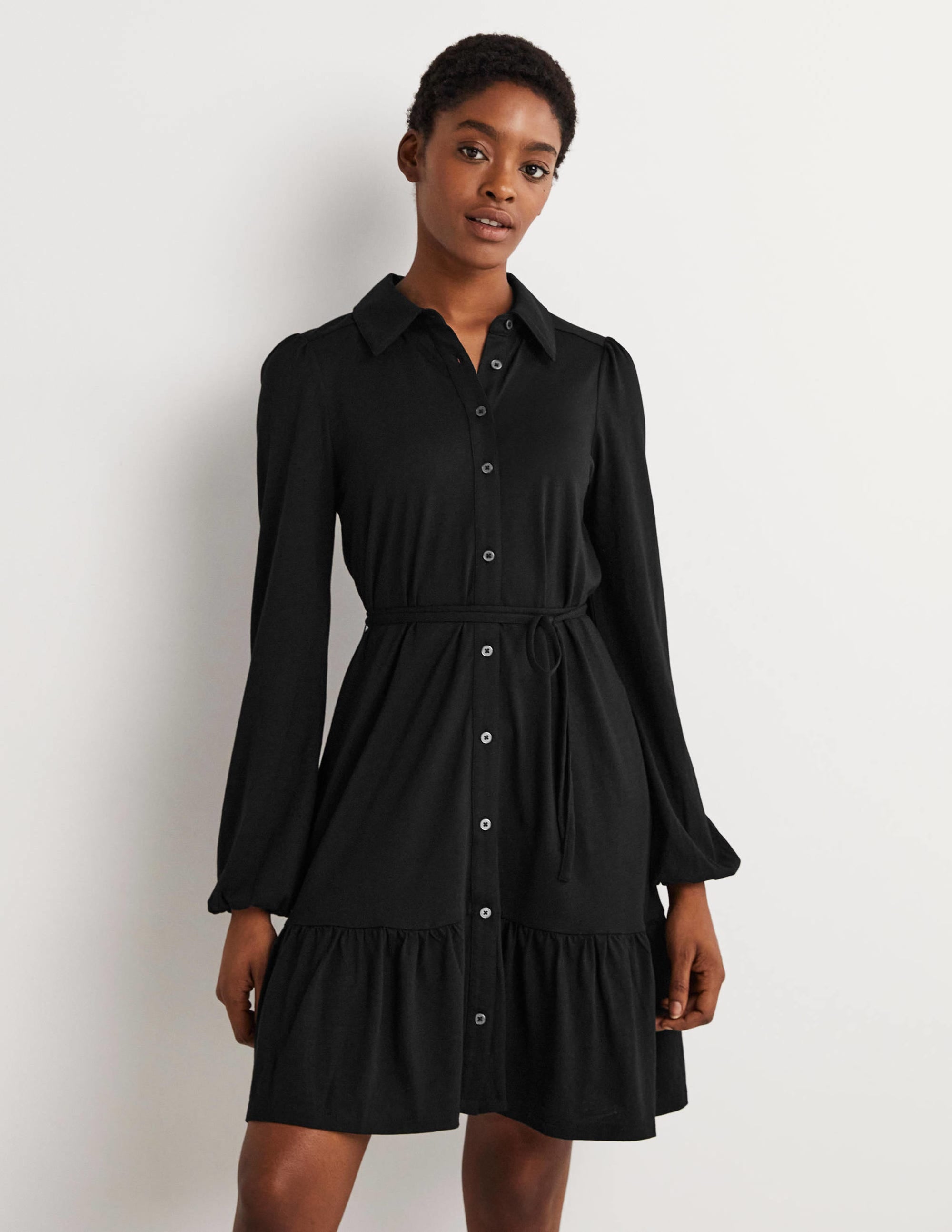 Tiered Jersey Shirt Mini Dress-Black - Image 1
