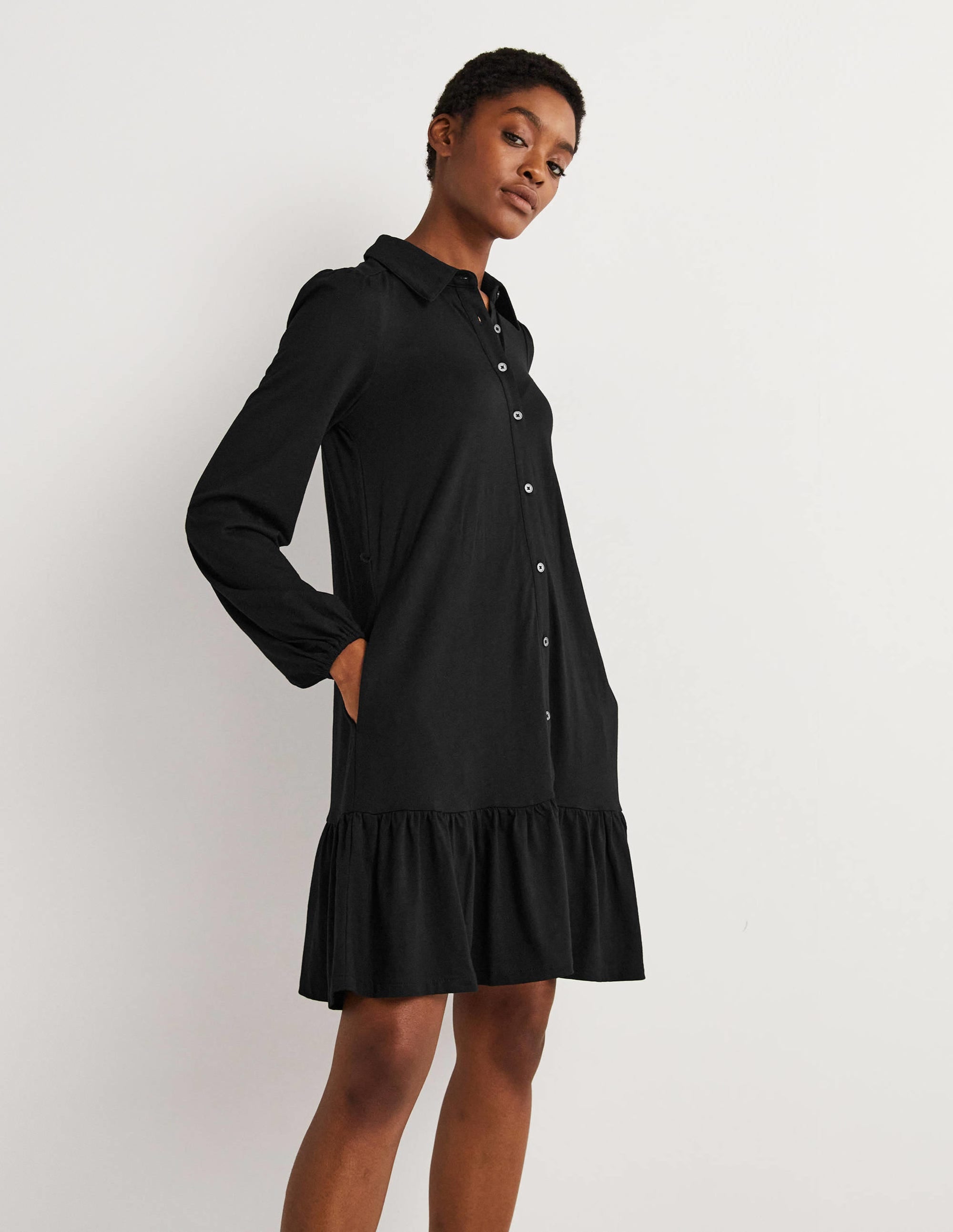Tiered Jersey Shirt Mini Dress-Black - Image 4
