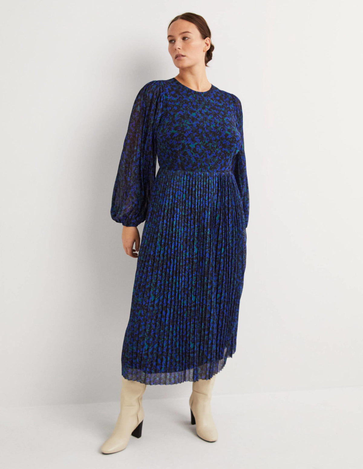 Pleated Midi Dress-Persian Blue, Painterly Stroke - Image 1