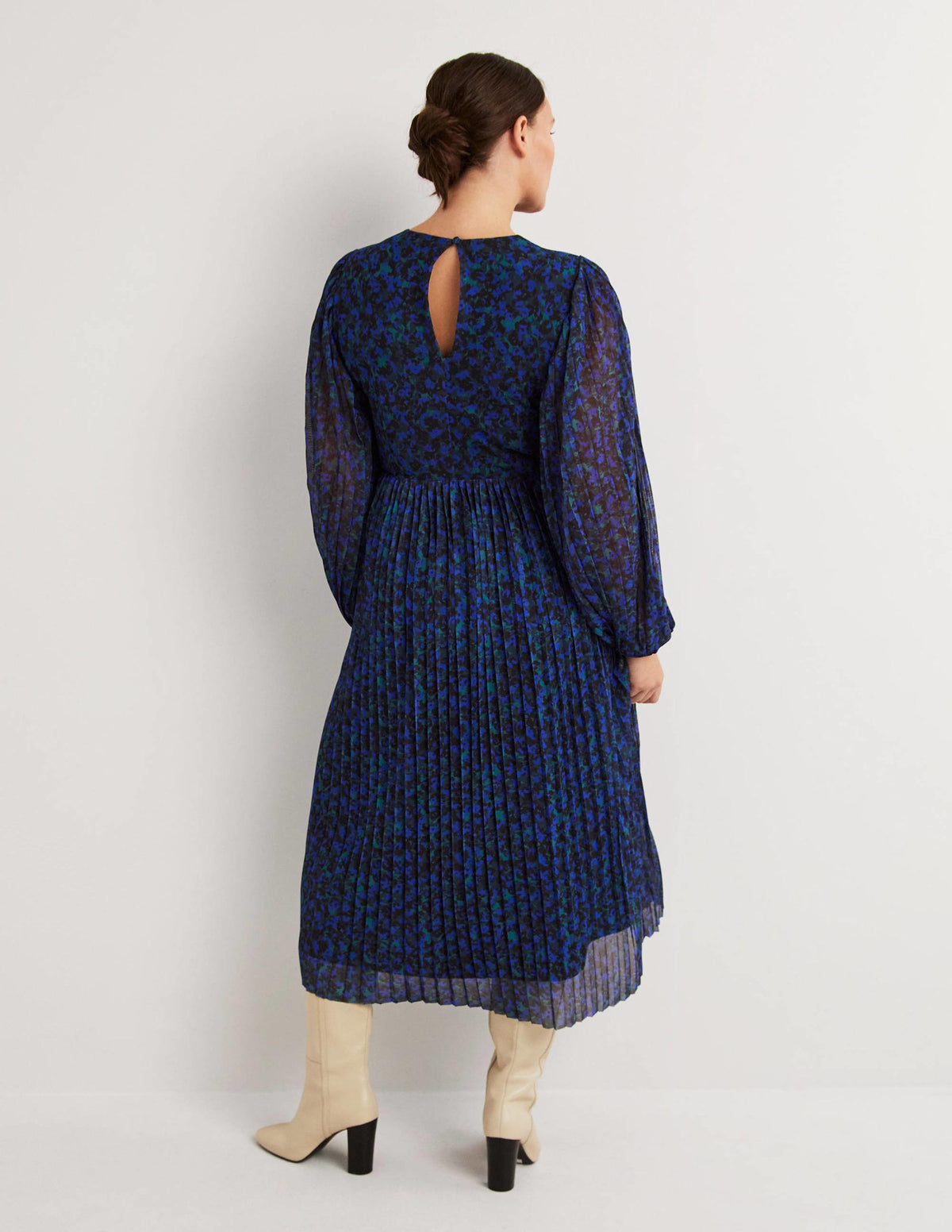 Pleated Midi Dress-Persian Blue, Painterly Stroke-3