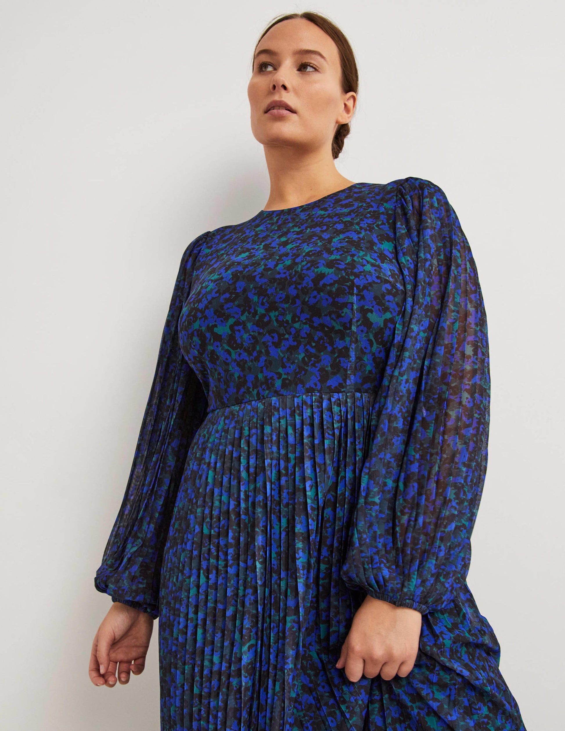 Pleated Midi Dress-Persian Blue, Painterly Stroke-4