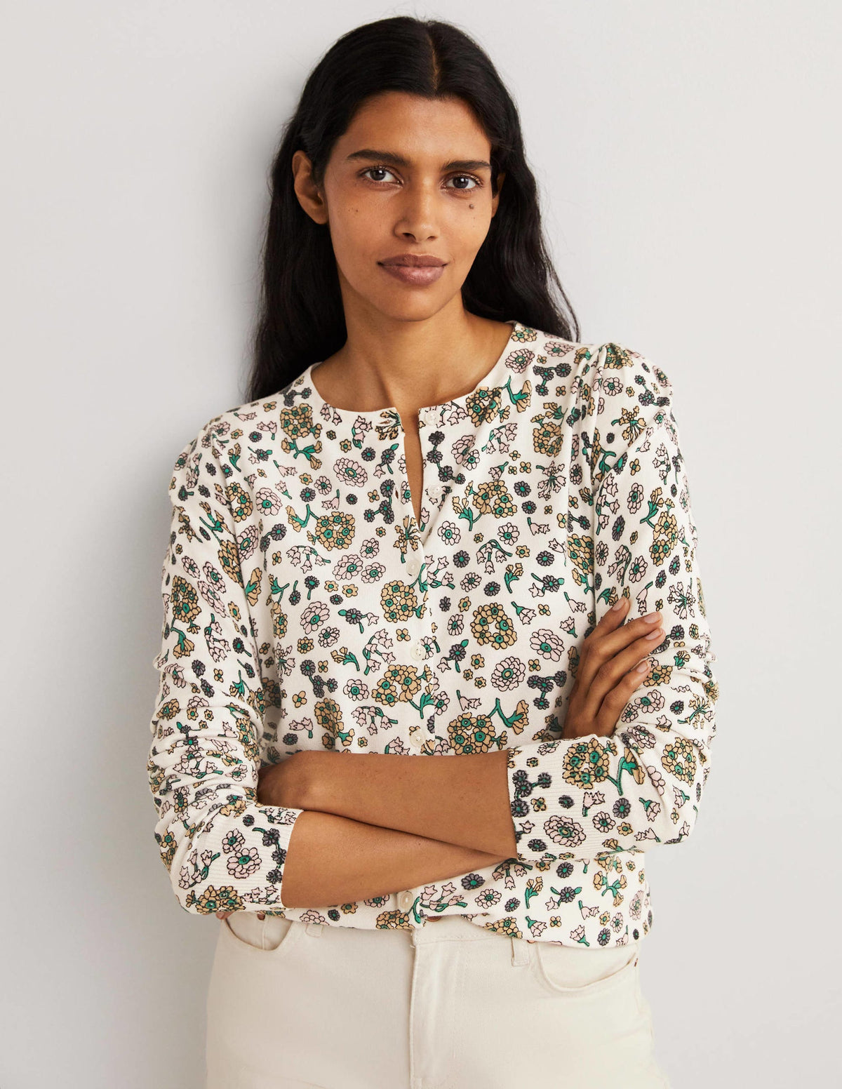 Cotton Crew Neck Cardigan-Ivory, Ditsy Charm - Image 1