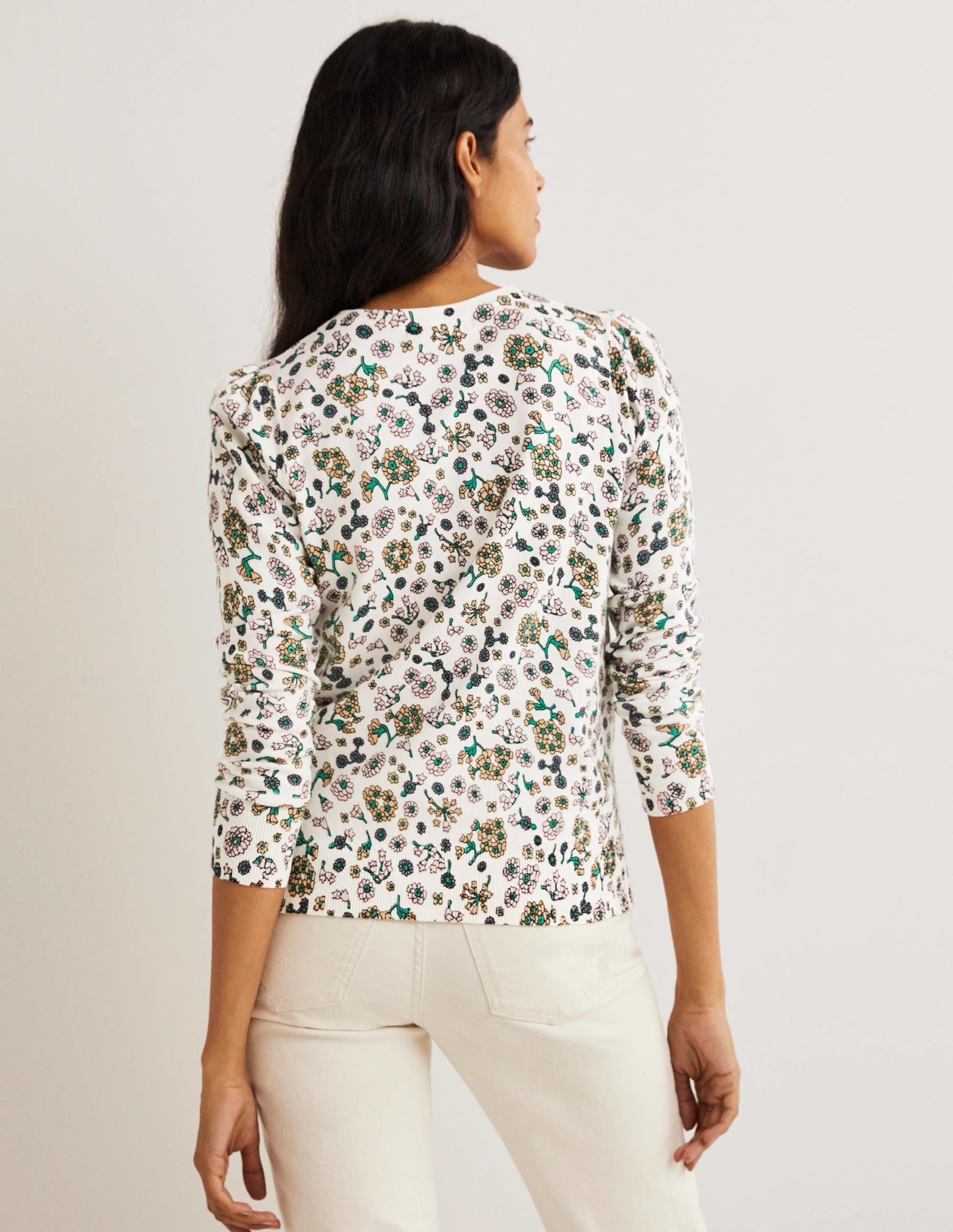 Cotton Crew Neck Cardigan-Ivory, Ditsy Charm-3