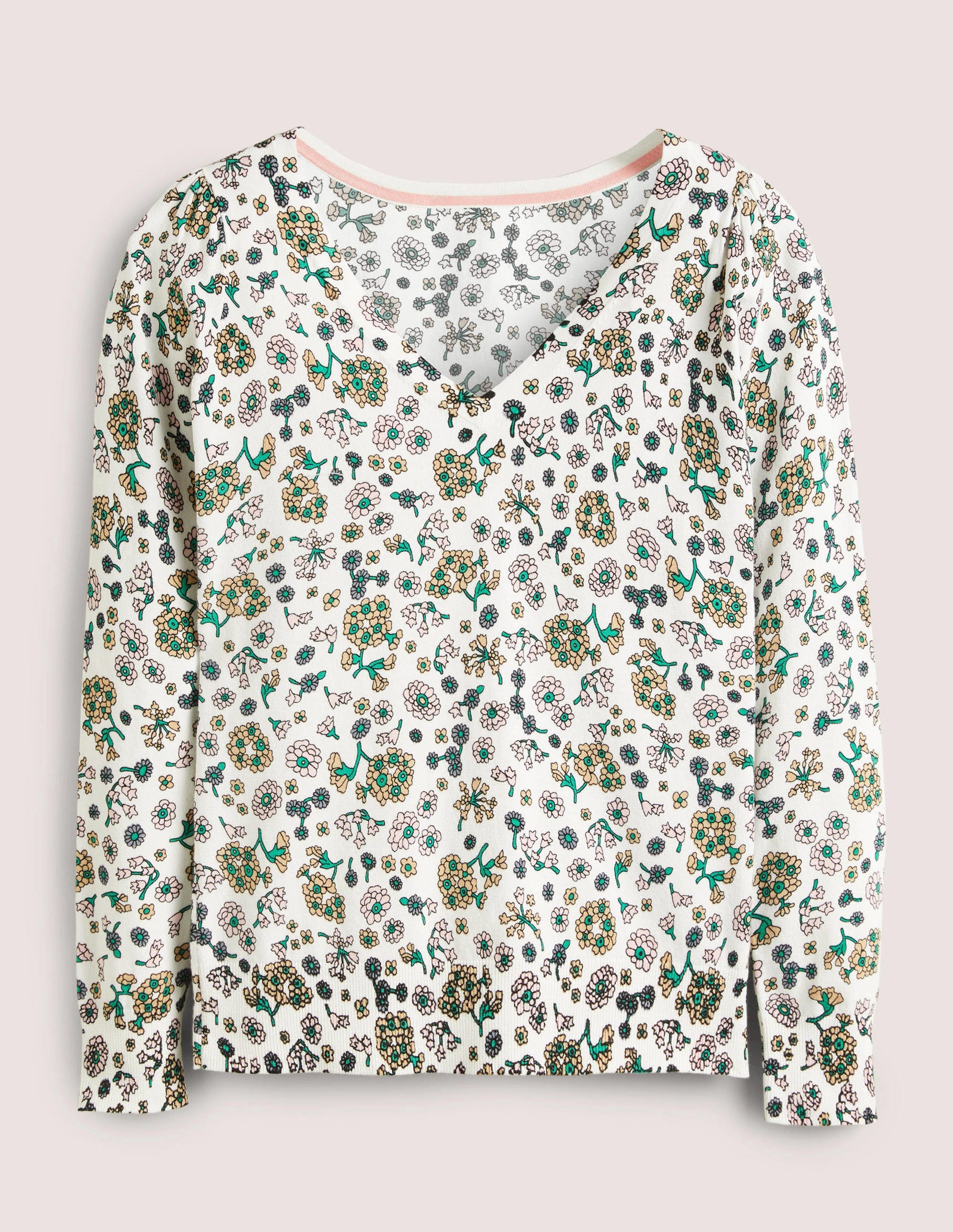 Cotton V-Neck Jumper-Ivory, Ditsy Charm-6