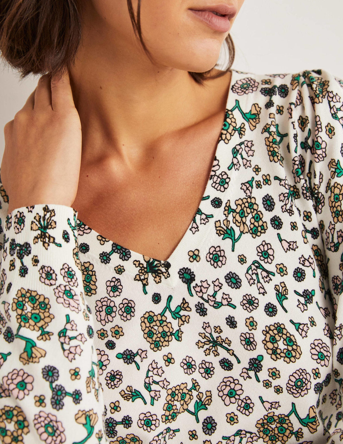 Cotton V-Neck Jumper-Ivory, Ditsy Charm - Image 2