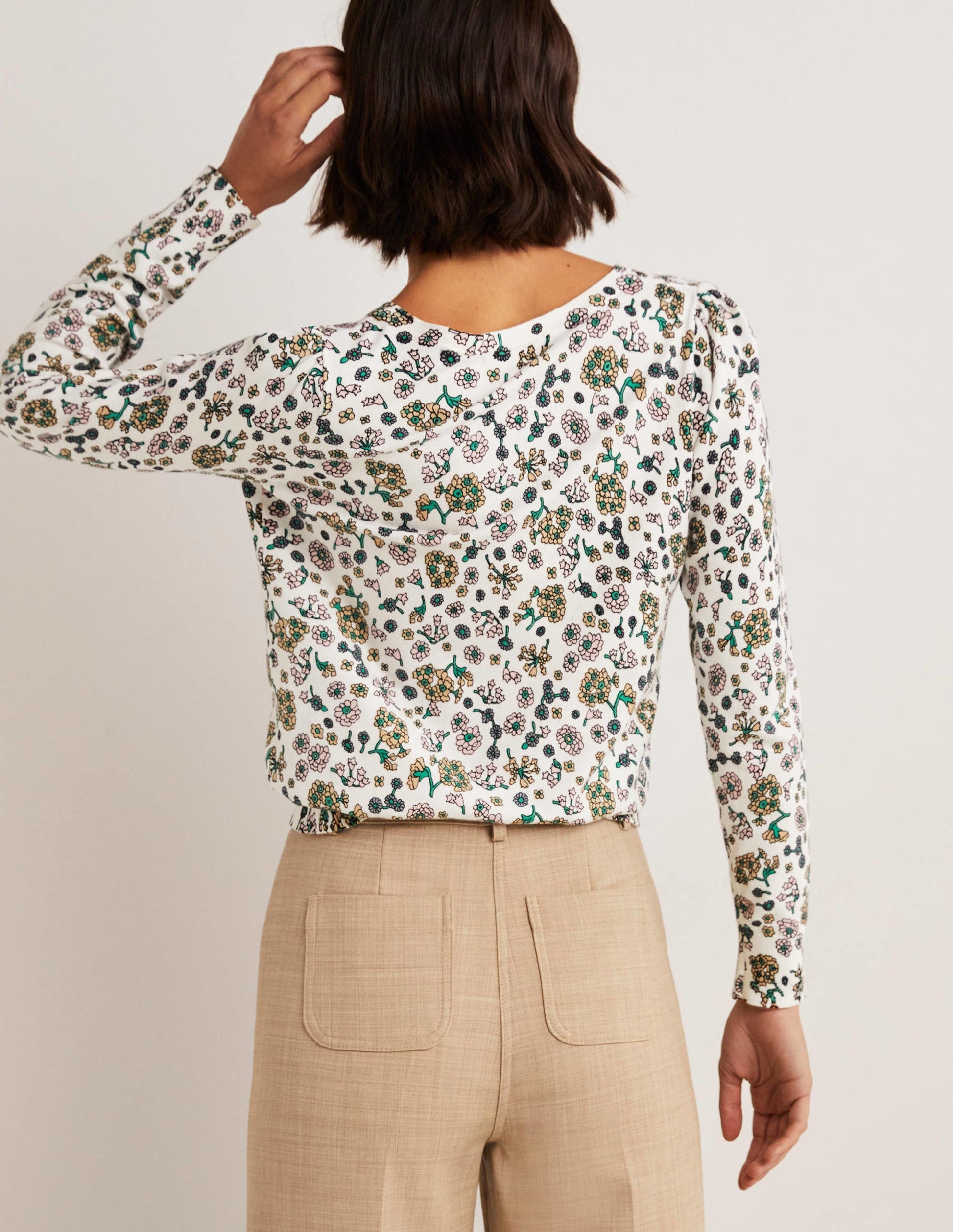 Cotton V-Neck Jumper-Ivory, Ditsy Charm-3