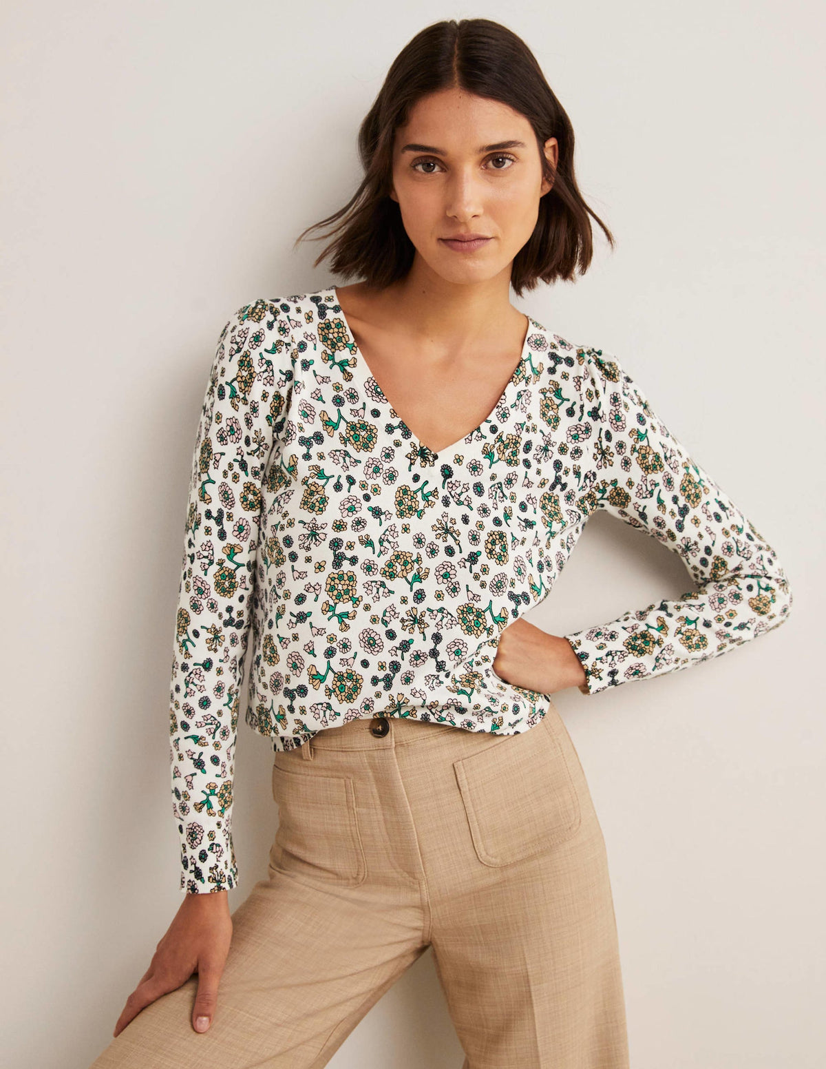 Cotton V-Neck Jumper-Ivory, Ditsy Charm - Image 4