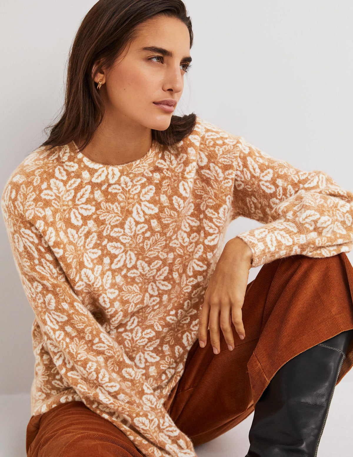 Blouson Sleeve Fluffy Jumper-Assam Brown, Acorn Leaf-1
