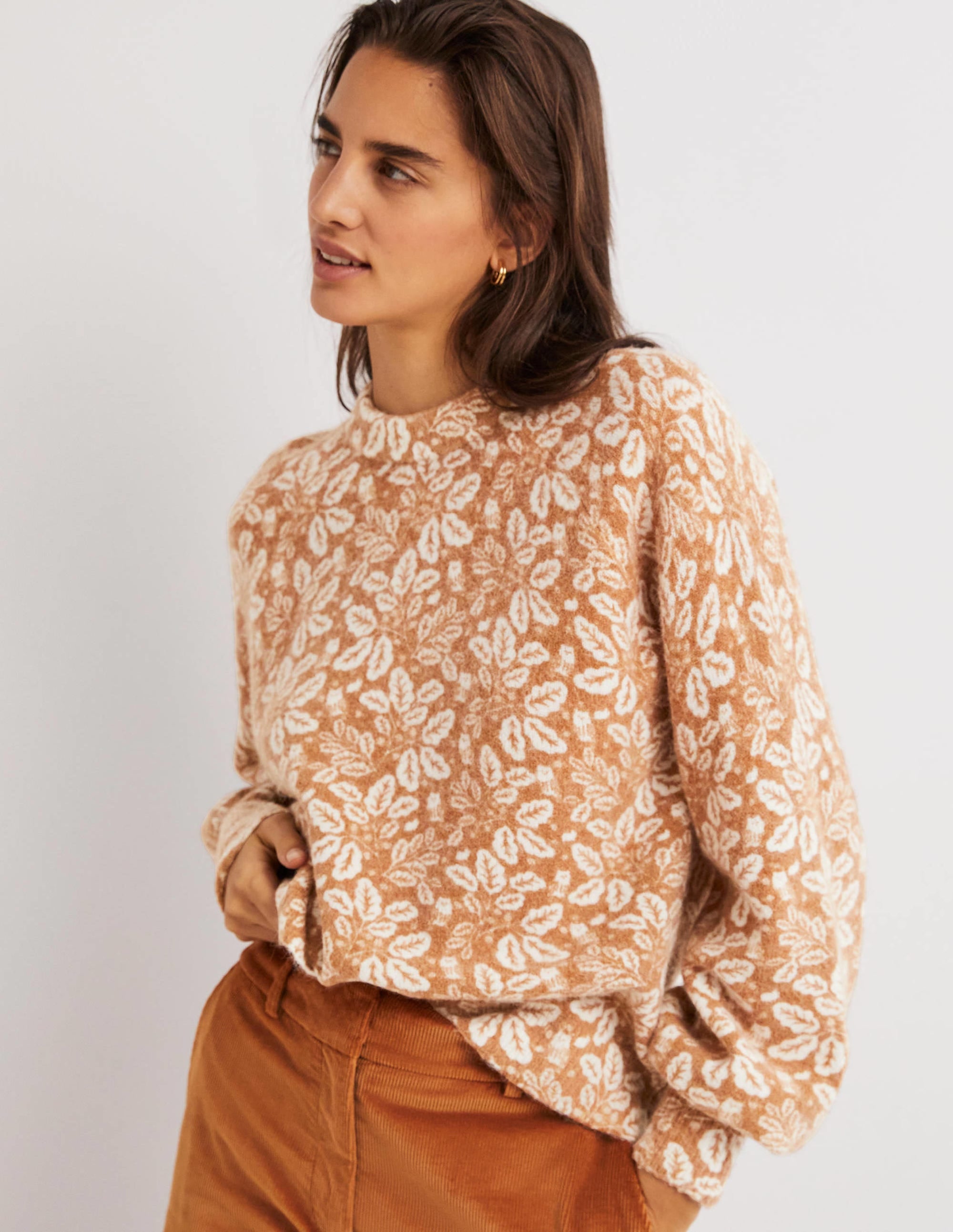 Blouson Sleeve Fluffy Jumper-Assam Brown, Acorn Leaf - Image 2