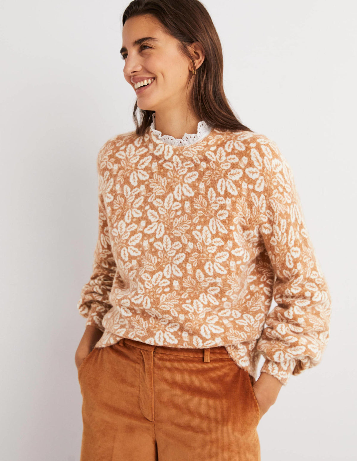 Blouson Sleeve Fluffy Jumper-Assam Brown, Acorn Leaf - Image 5