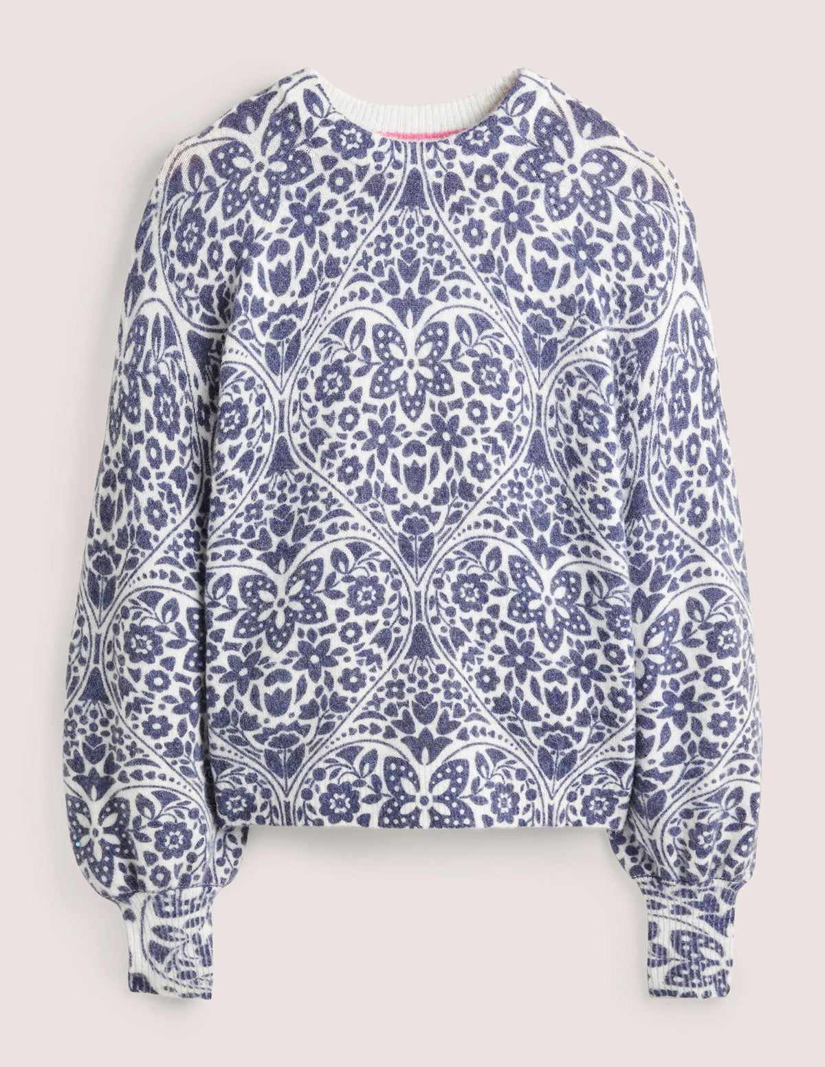 Blouson Sleeve Fluffy Jumper-Ivory, Navy Heart Bloom - Image 5