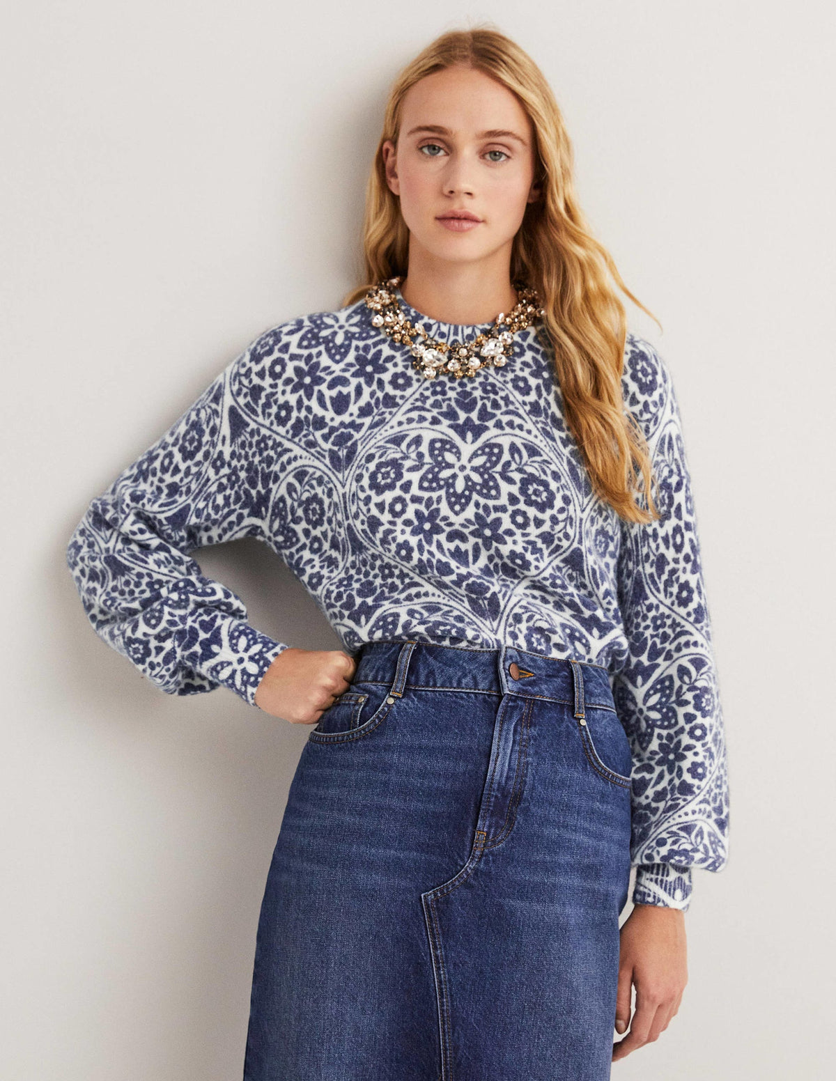 Blouson Sleeve Fluffy Jumper-Ivory, Navy Heart Bloom - Image 1