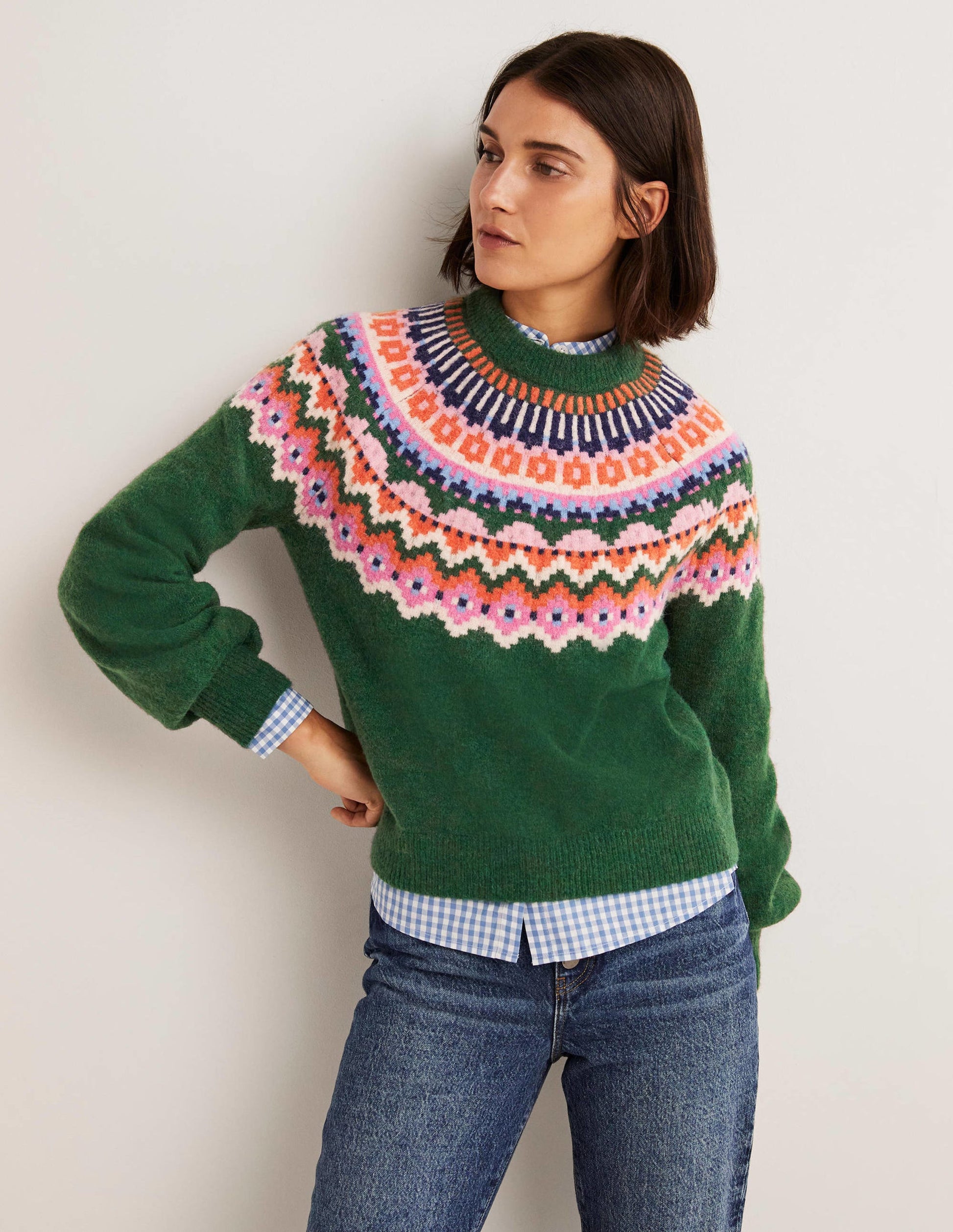 Blouson Sleeve Fluffy Jumper-Hunter Green, Fair Isle-1