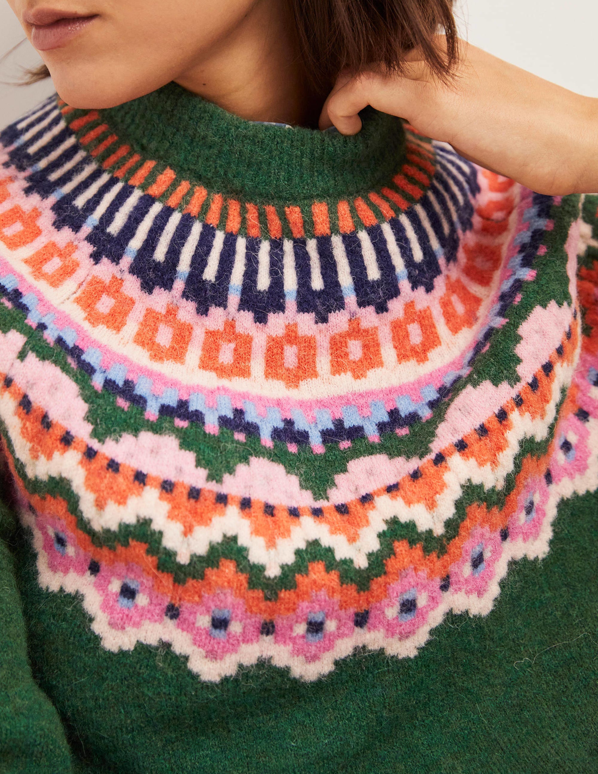 Blouson Sleeve Fluffy Jumper-Hunter Green, Fair Isle - Image 2